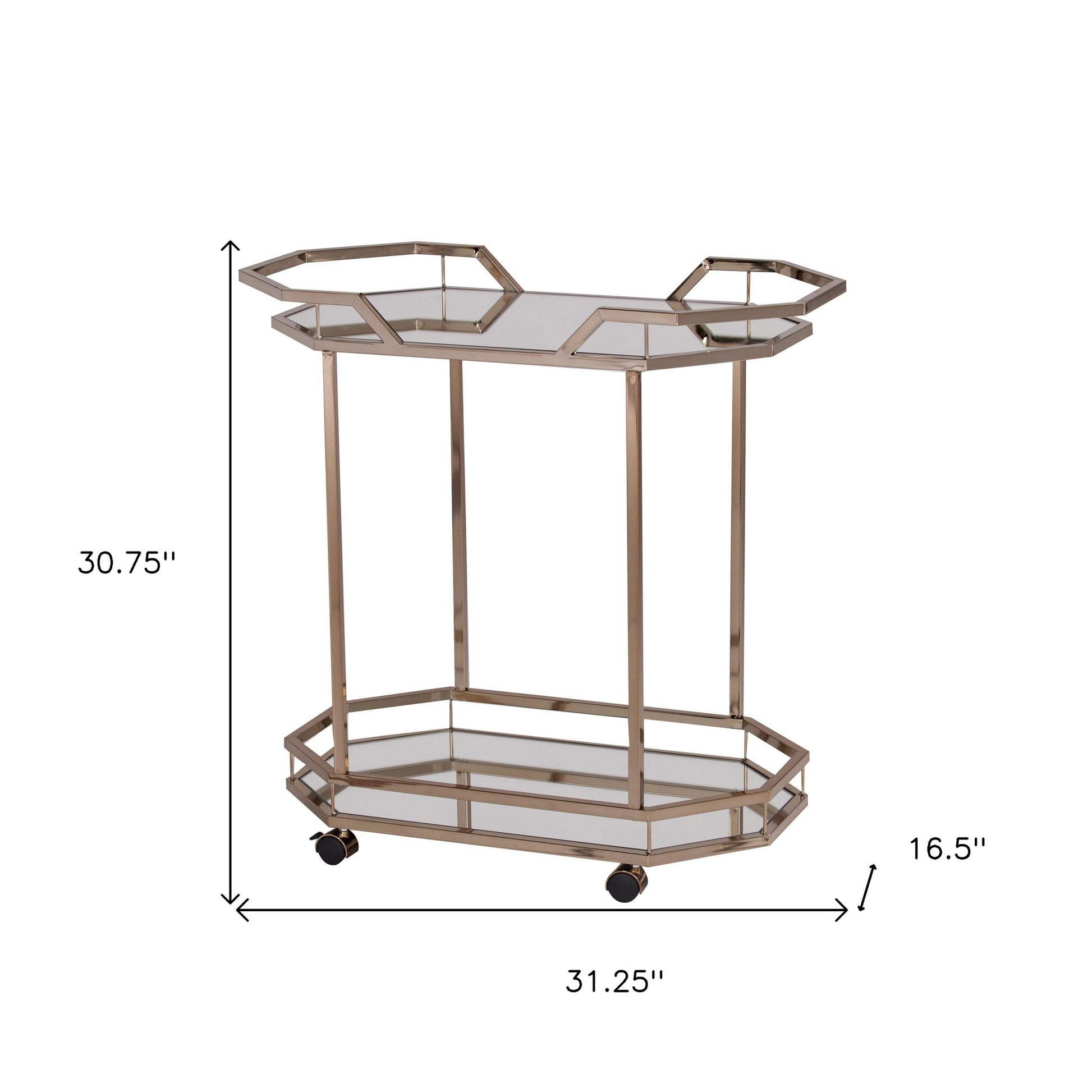 31" Champagne Iron and Mirrored Glass Octagonal Rolling Bar Cart-Bar Cart-DECOROLALA