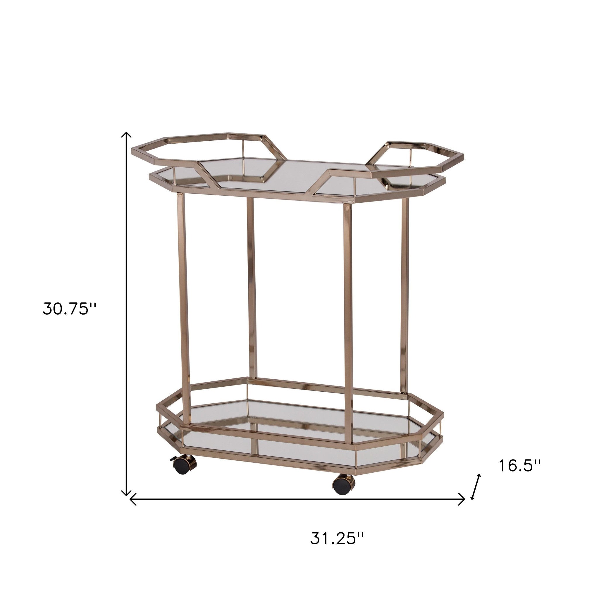 31" Champagne Iron and Mirrored Glass Octagonal Rolling Bar Cart-Bar Cart-DECOROLALA