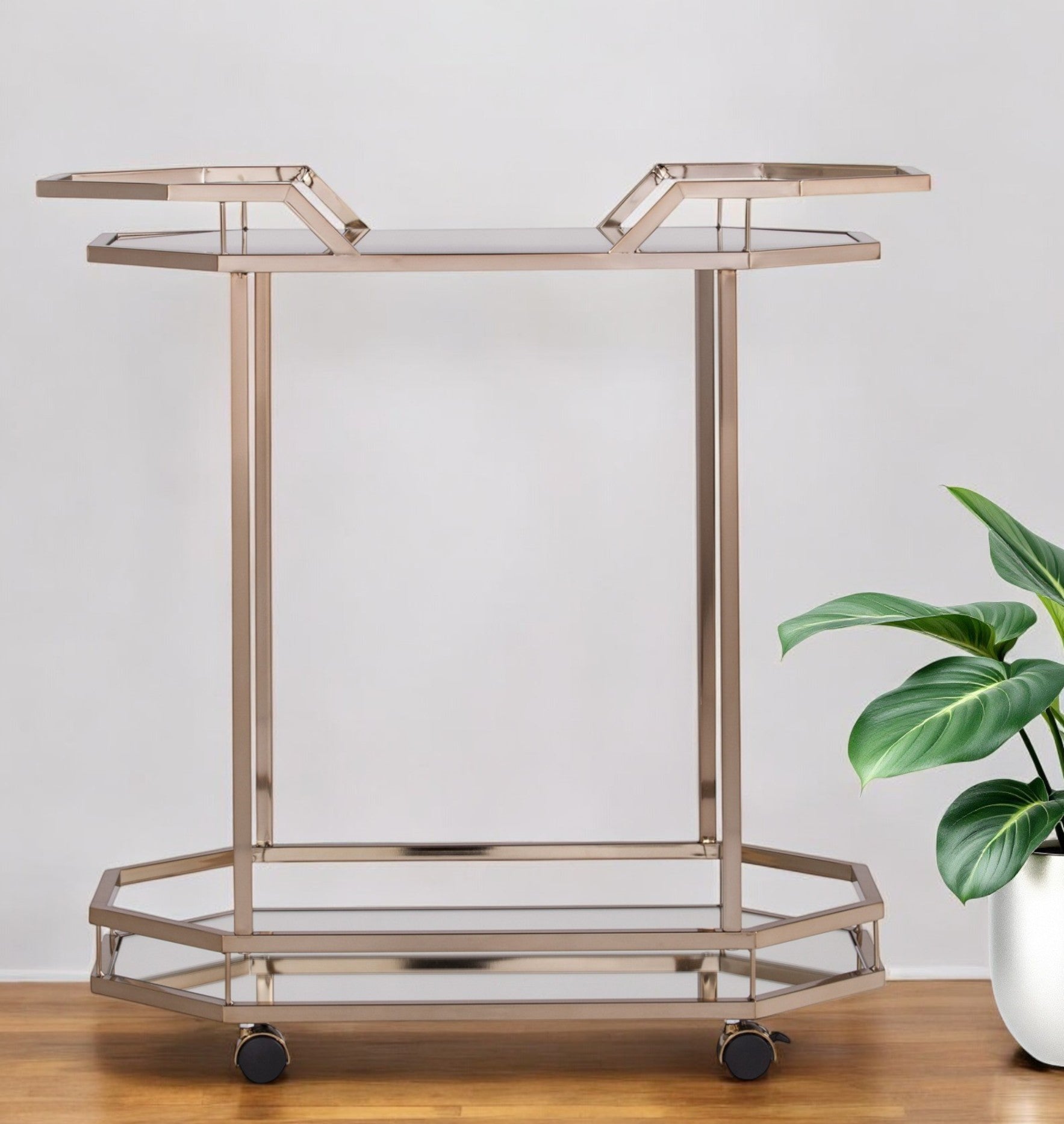 31" Champagne Iron and Mirrored Glass Octagonal Rolling Bar Cart-Bar Cart-DECOROLALA