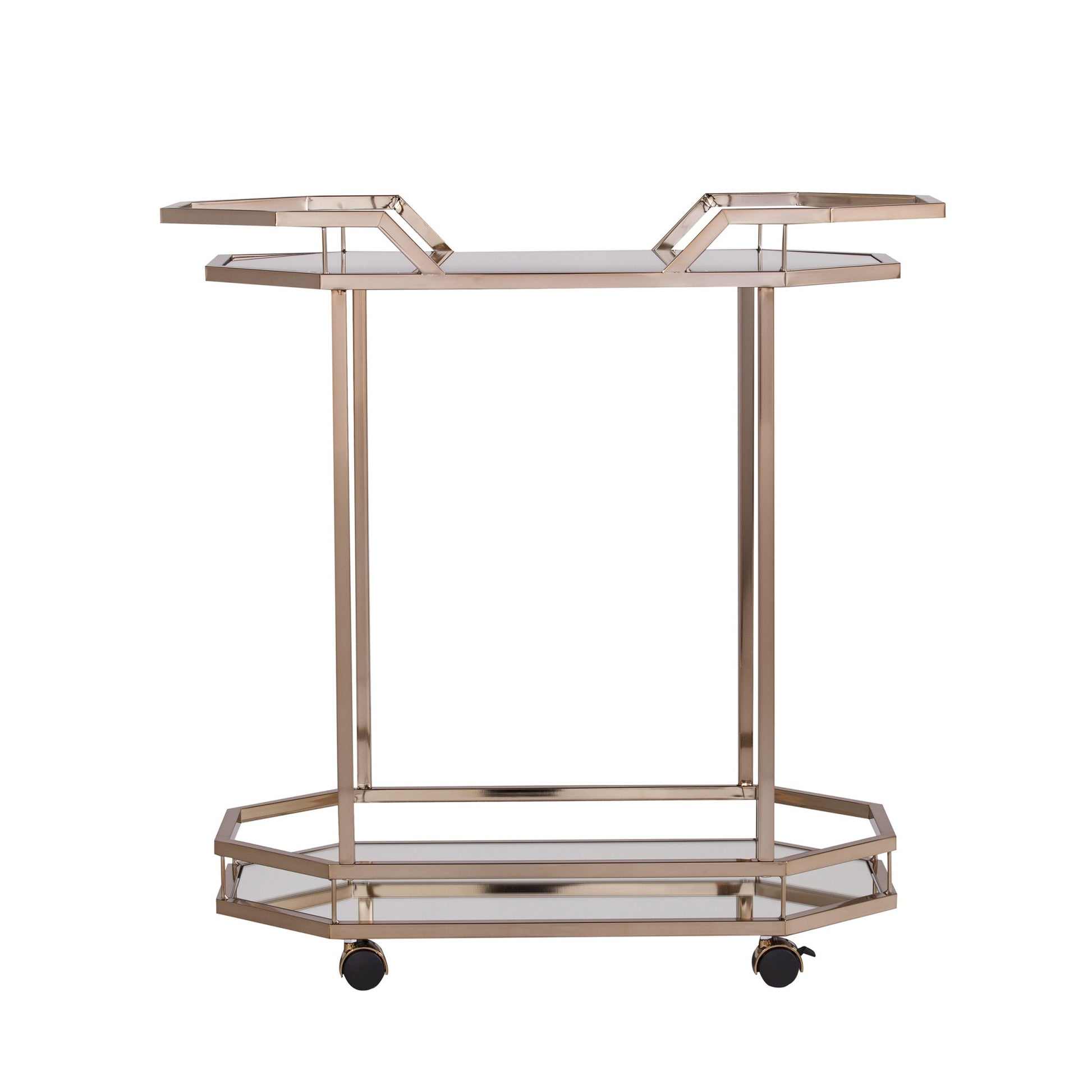 31" Champagne Iron and Mirrored Glass Octagonal Rolling Bar Cart-Bar Carts and Servers-DECOROLALA