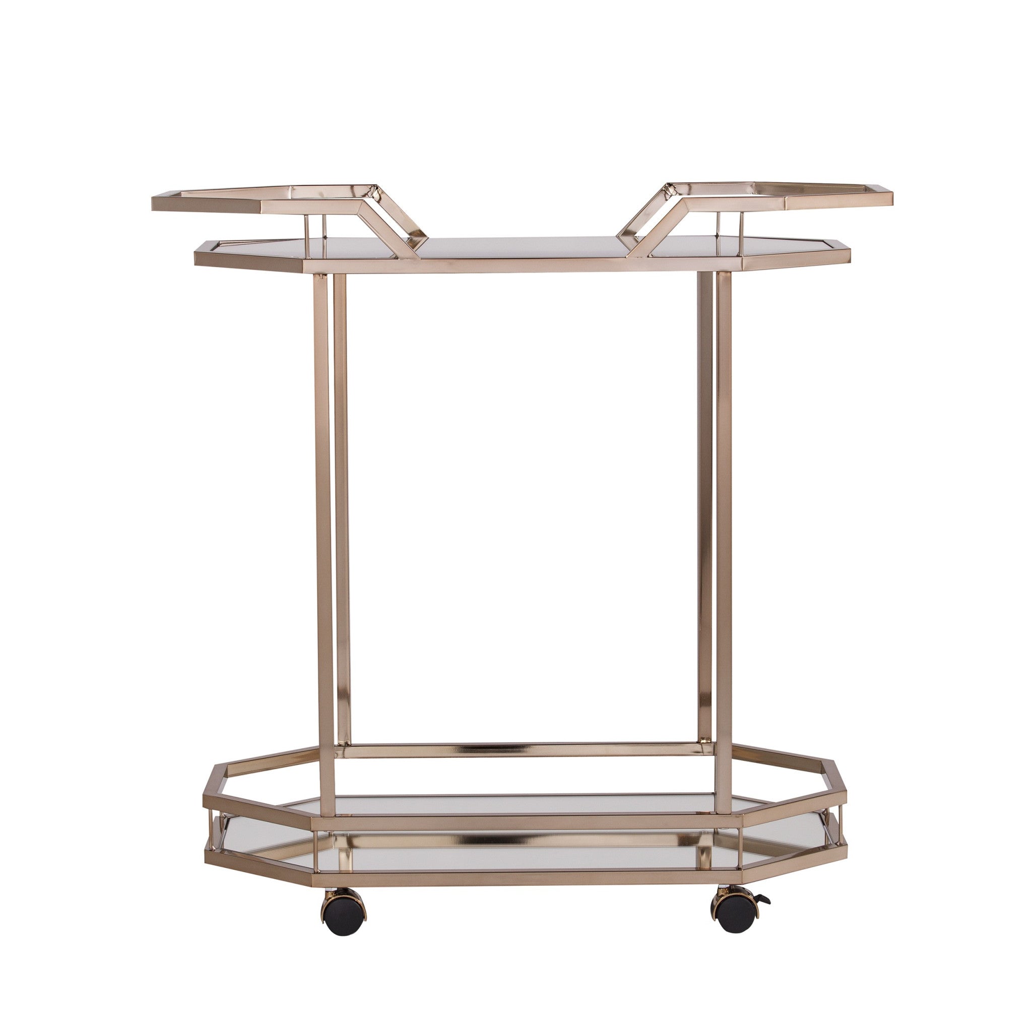 31" Champagne Iron and Mirrored Glass Octagonal Rolling Bar Cart-Bar Carts and Servers-DECOROLALA