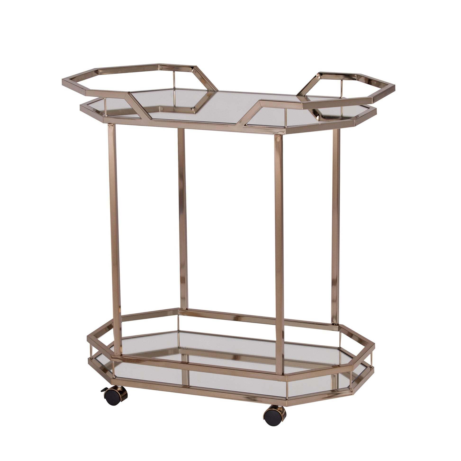 31" Champagne Iron and Mirrored Glass Octagonal Rolling Bar Cart-Bar Carts and Servers-DECOROLALA