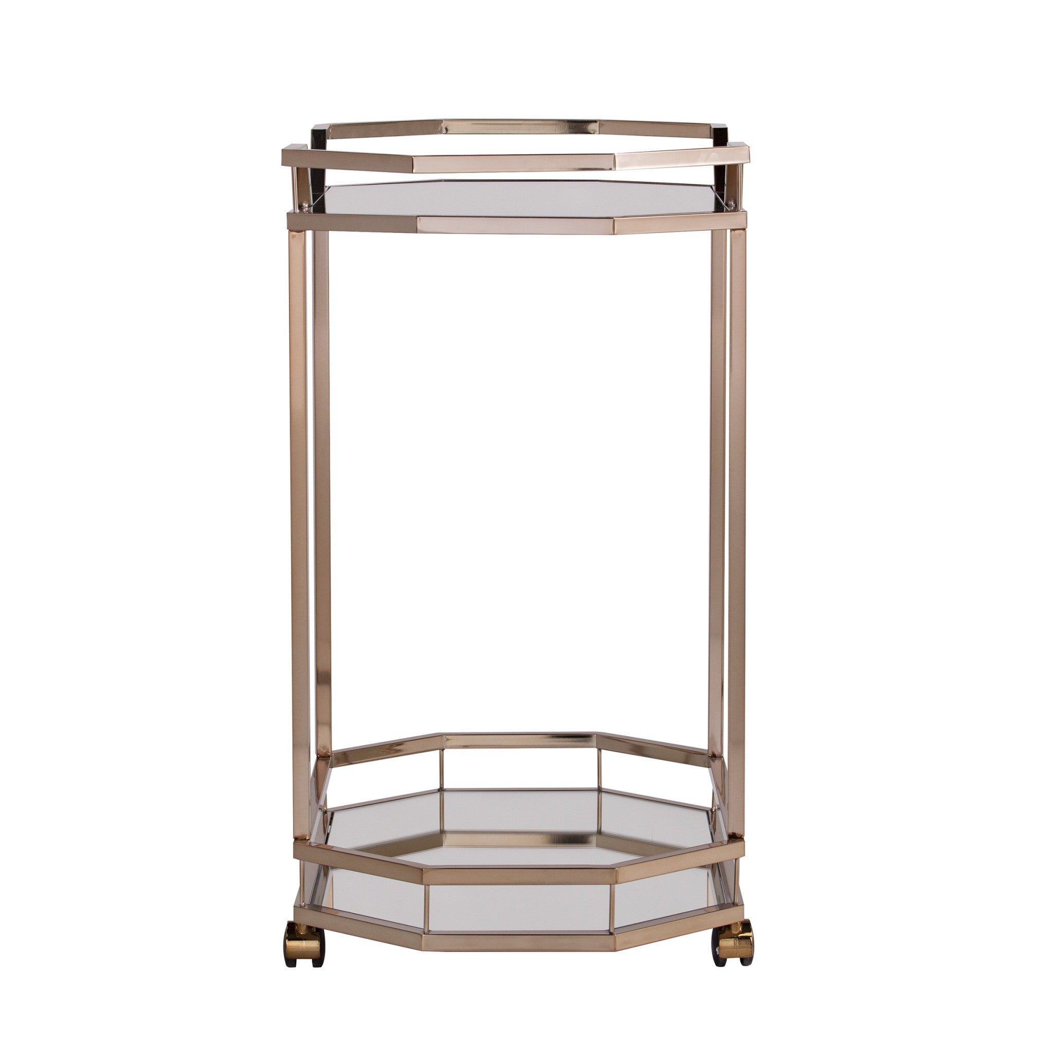31" Champagne Iron and Mirrored Glass Octagonal Rolling Bar Cart-Bar Carts and Servers-DECOROLALA