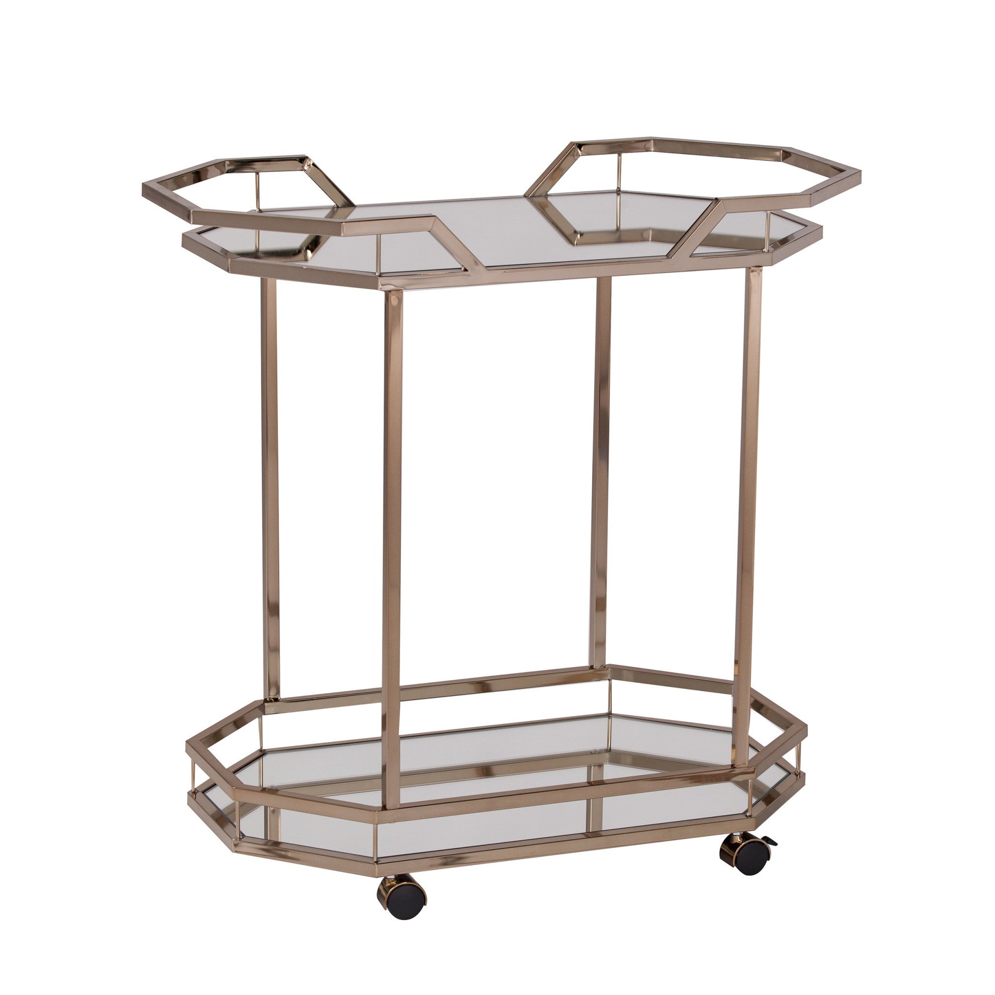 31" Champagne Iron and Mirrored Glass Octagonal Rolling Bar Cart-Bar Carts and Servers-DECOROLALA