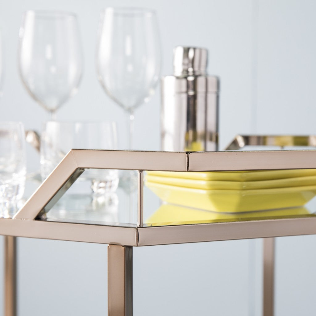 31" Champagne Iron and Mirrored Glass Octagonal Rolling Bar Cart-Bar Carts and Servers-DECOROLALA