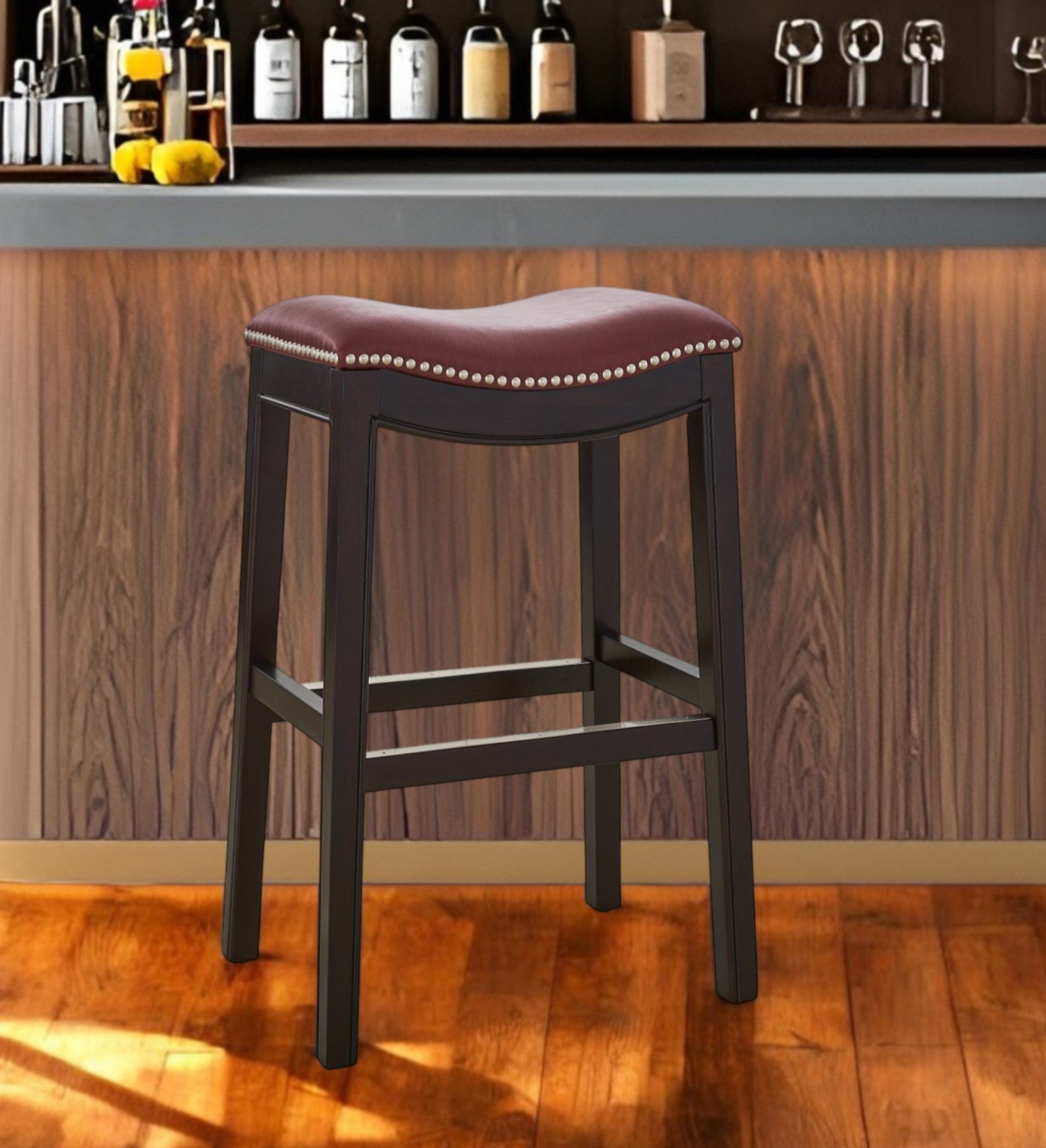 31" Dark Red and Espresso Solid Wood Backless Bar Chair-Bar Chairs-DECOROLALA