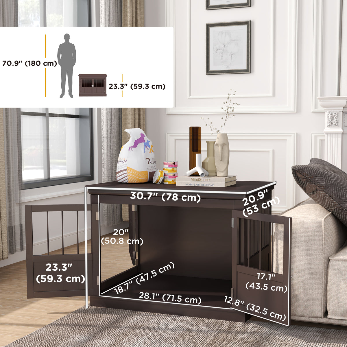 31" Dog Crate Furniture End Table - 3 Doors Coffee Small Dog-Dogs-DECOROLALA
