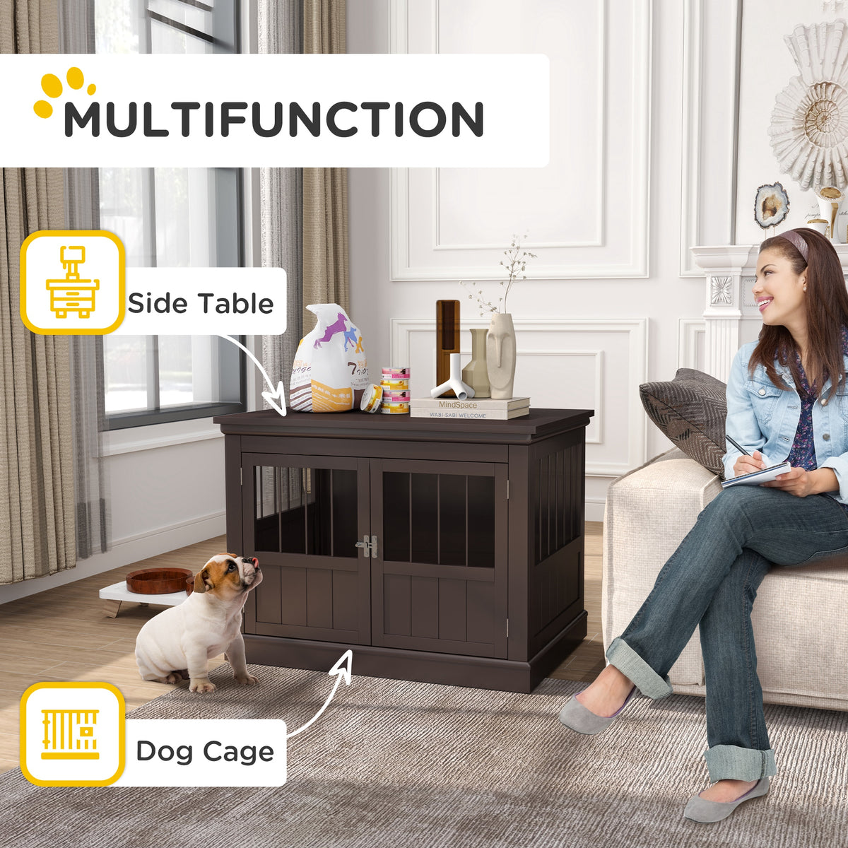 31" Dog Crate Furniture End Table - 3 Doors Coffee Small Dog-Dogs-DECOROLALA
