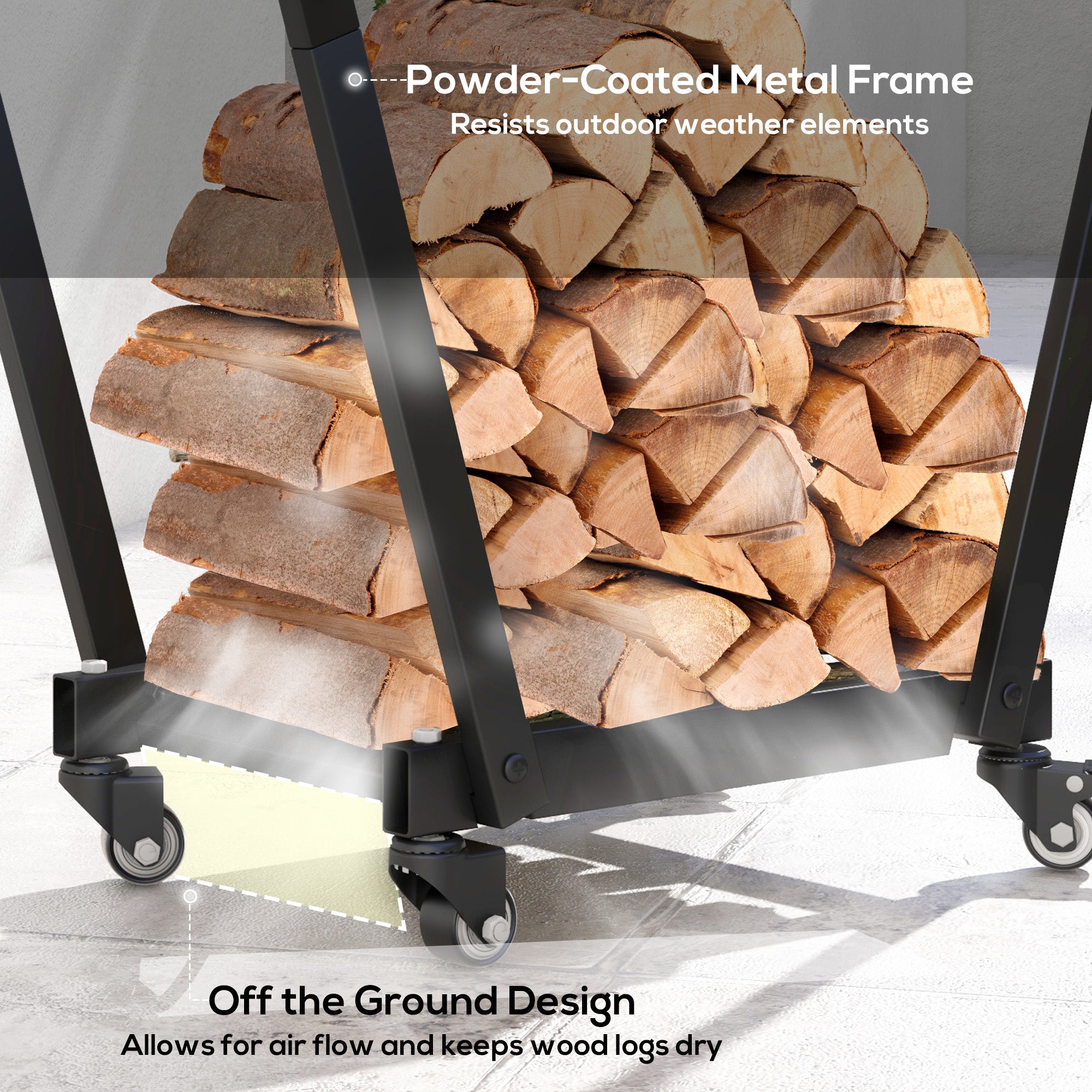 31" Firewood Rack with Wheels and Tool Hooks - Black-Home Furnishings > Home Décor > Fireplaces & Accessories > Firewood Racks-DECOROLALA