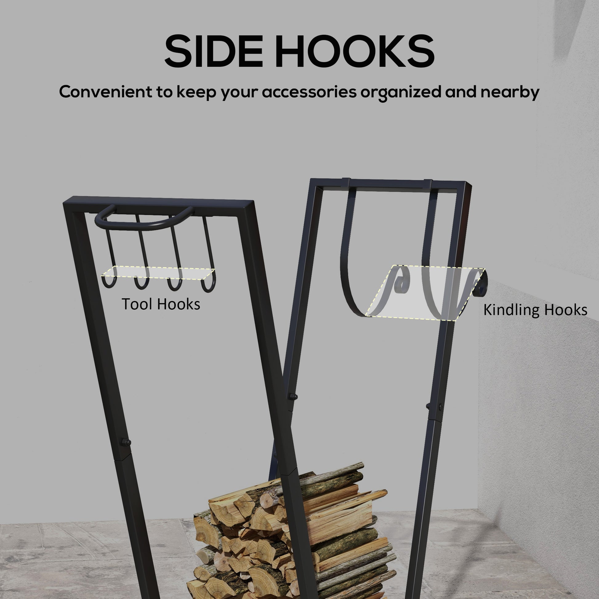 31" Firewood Rack with Wheels and Tool Hooks - Black-Home Furnishings > Home Décor > Fireplaces & Accessories > Firewood Racks-DECOROLALA