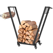 31" Firewood Rack with Wheels and Tool Hooks - Black-Home Furnishings > Home Décor > Fireplaces & Accessories > Firewood Racks-DECOROLALA