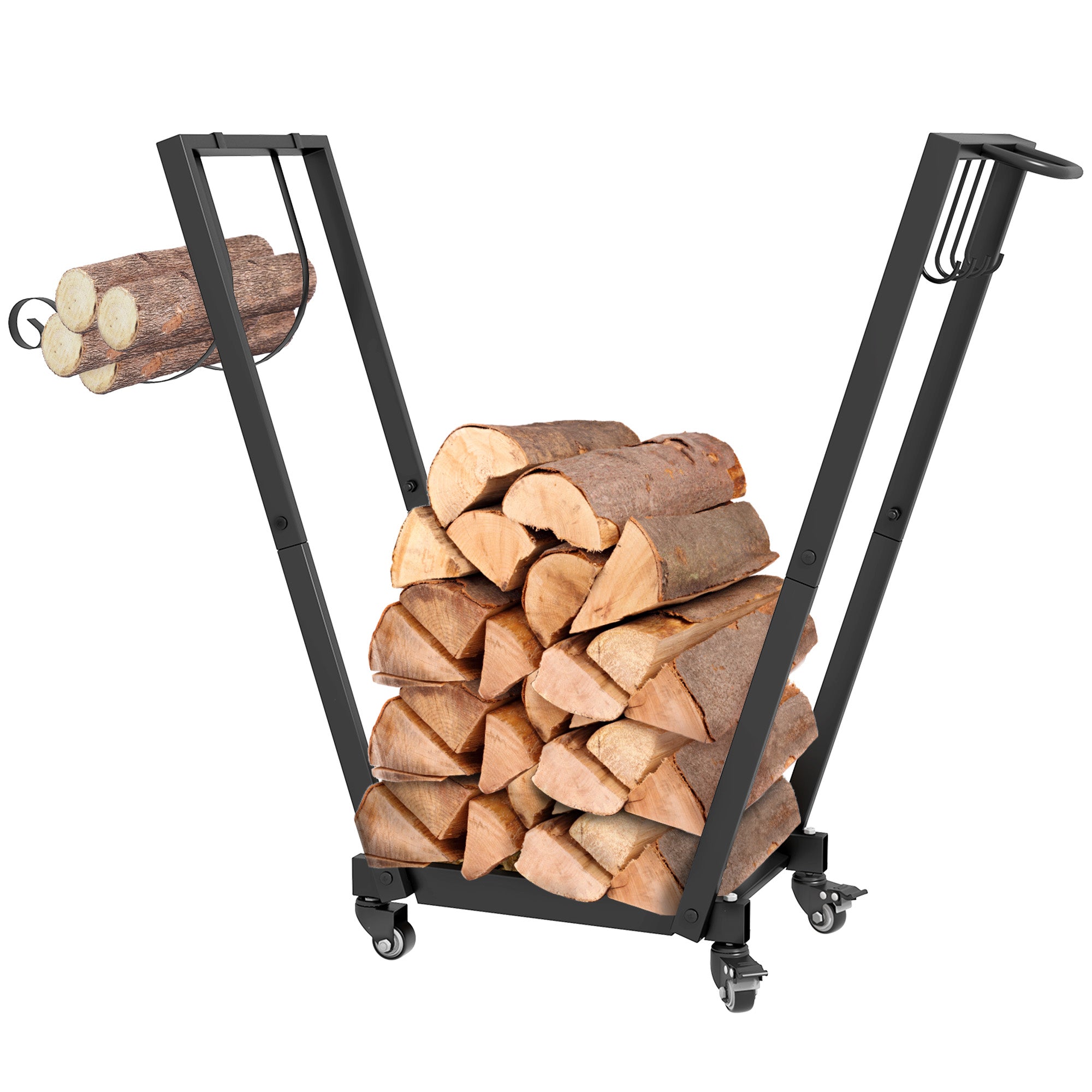 31" Firewood Rack with Wheels and Tool Hooks - Black-Home Furnishings > Home Décor > Fireplaces & Accessories > Firewood Racks-DECOROLALA