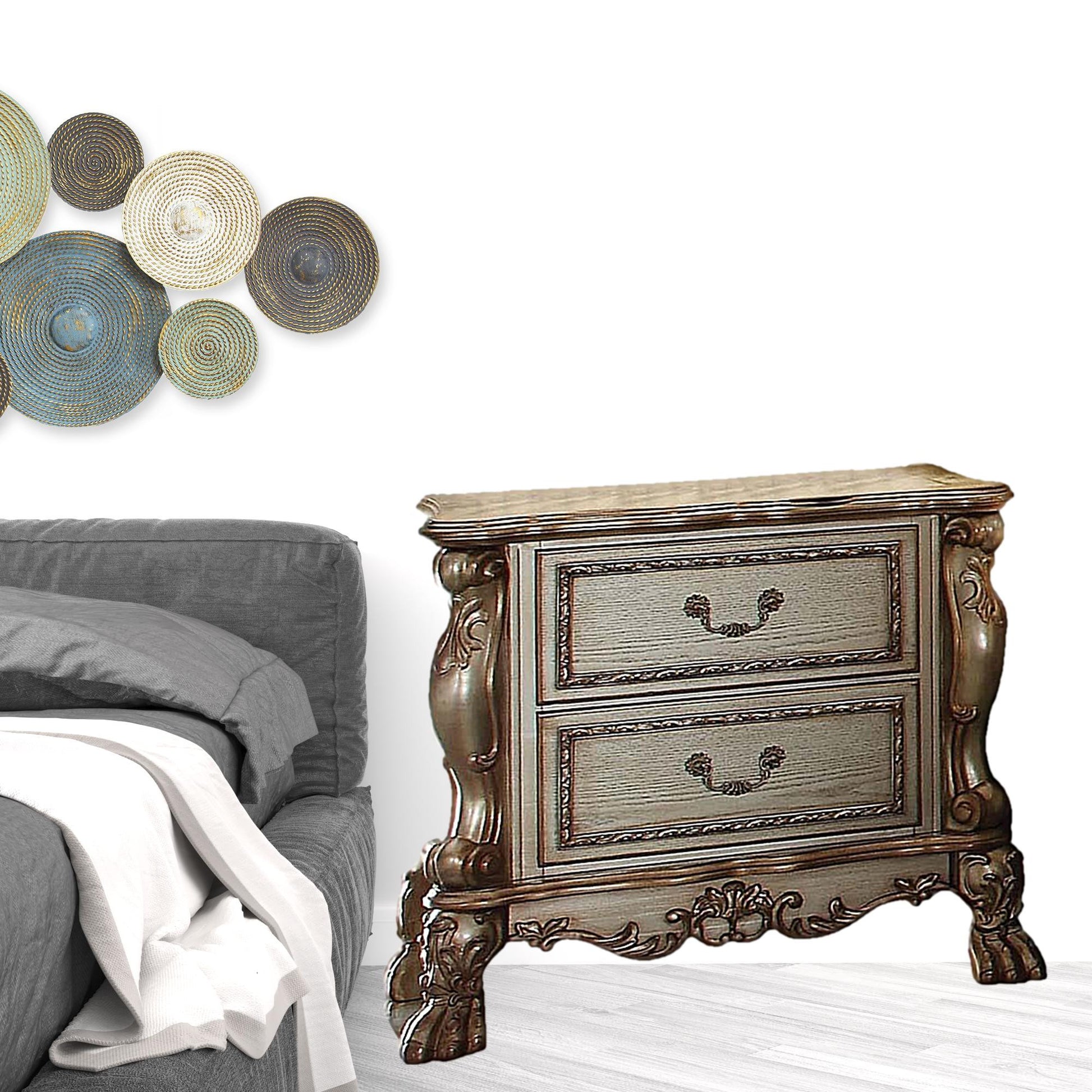 31" Gold Two Drawers Solid Wood Mirrored Nightstand-Nightstands & Bedside Tables-DECOROLALA