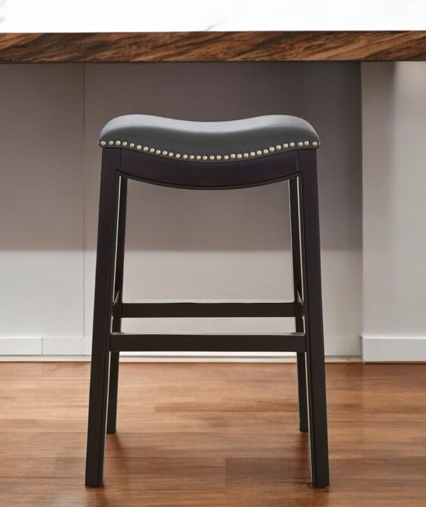 31" Gray and Espresso Faux Leather and Solid Wood Backless Bar Height Bar Chair-Bar Chairs-DECOROLALA