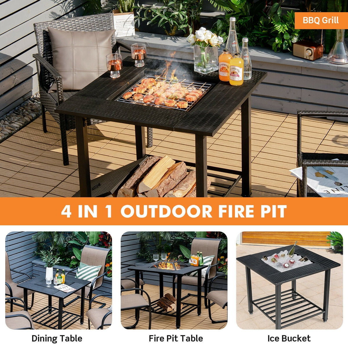 31 Inch Outdoor Fire Pit Dining Table with Cooking BBQ Grate-Fire Pits-DECOROLALA