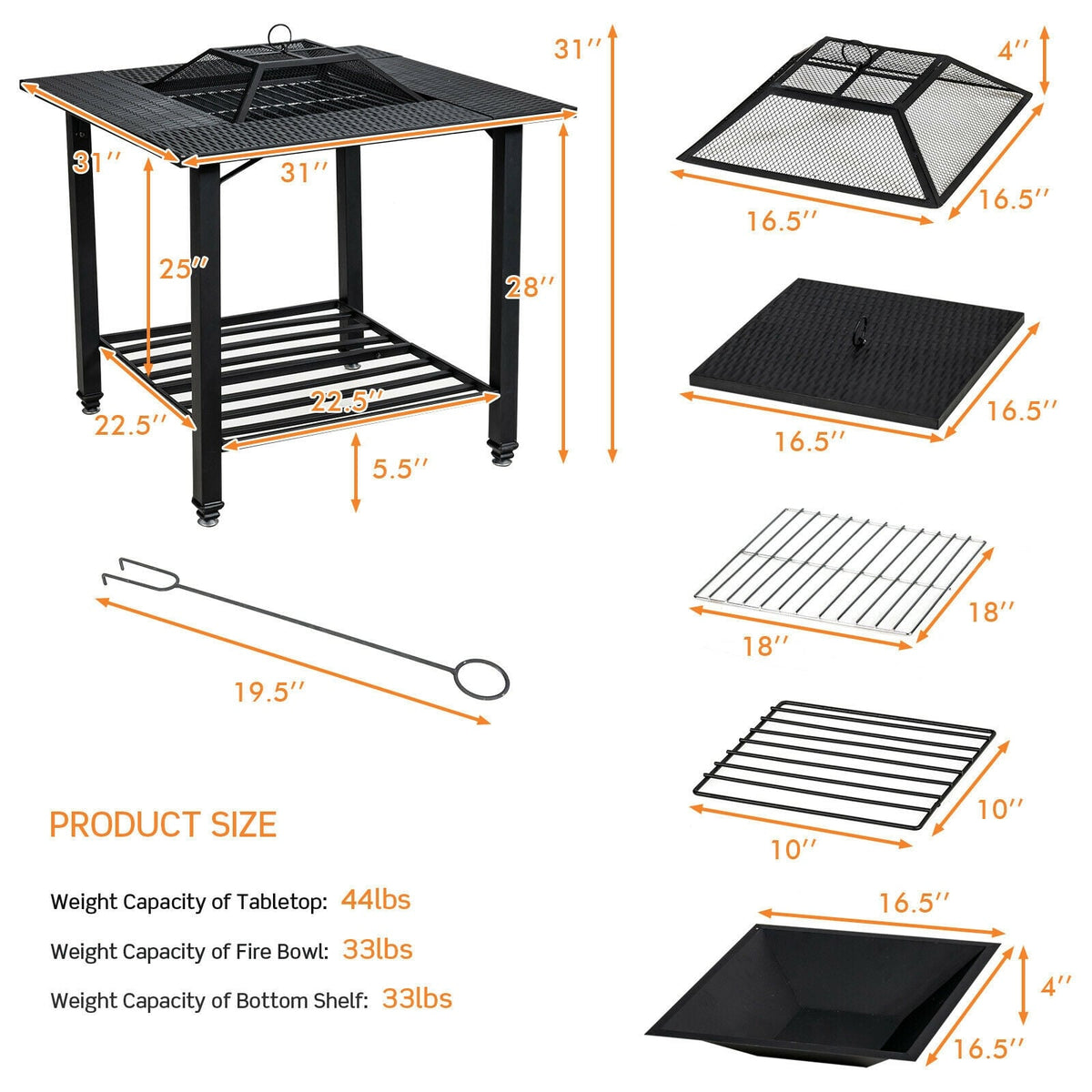 31 Inch Outdoor Fire Pit Dining Table with Cooking BBQ Grate-Fire Pits-DECOROLALA