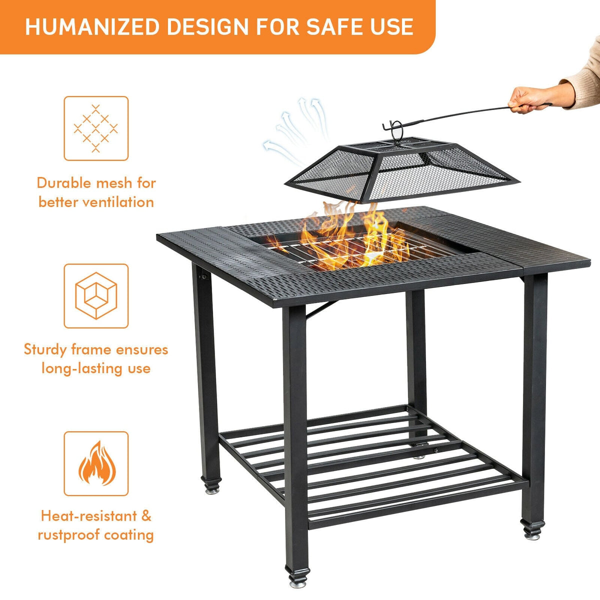 31 Inch Outdoor Fire Pit Dining Table with Cooking BBQ Grate-Fire Pits-DECOROLALA
