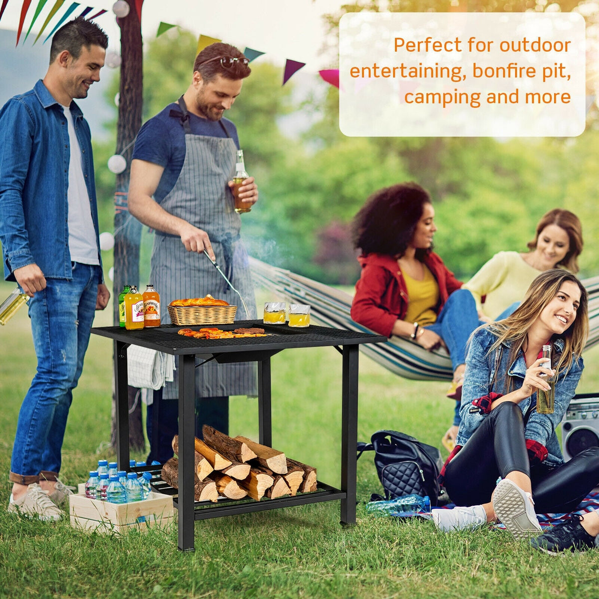 31 Inch Outdoor Fire Pit Dining Table with Cooking BBQ Grate-Fire Pits-DECOROLALA