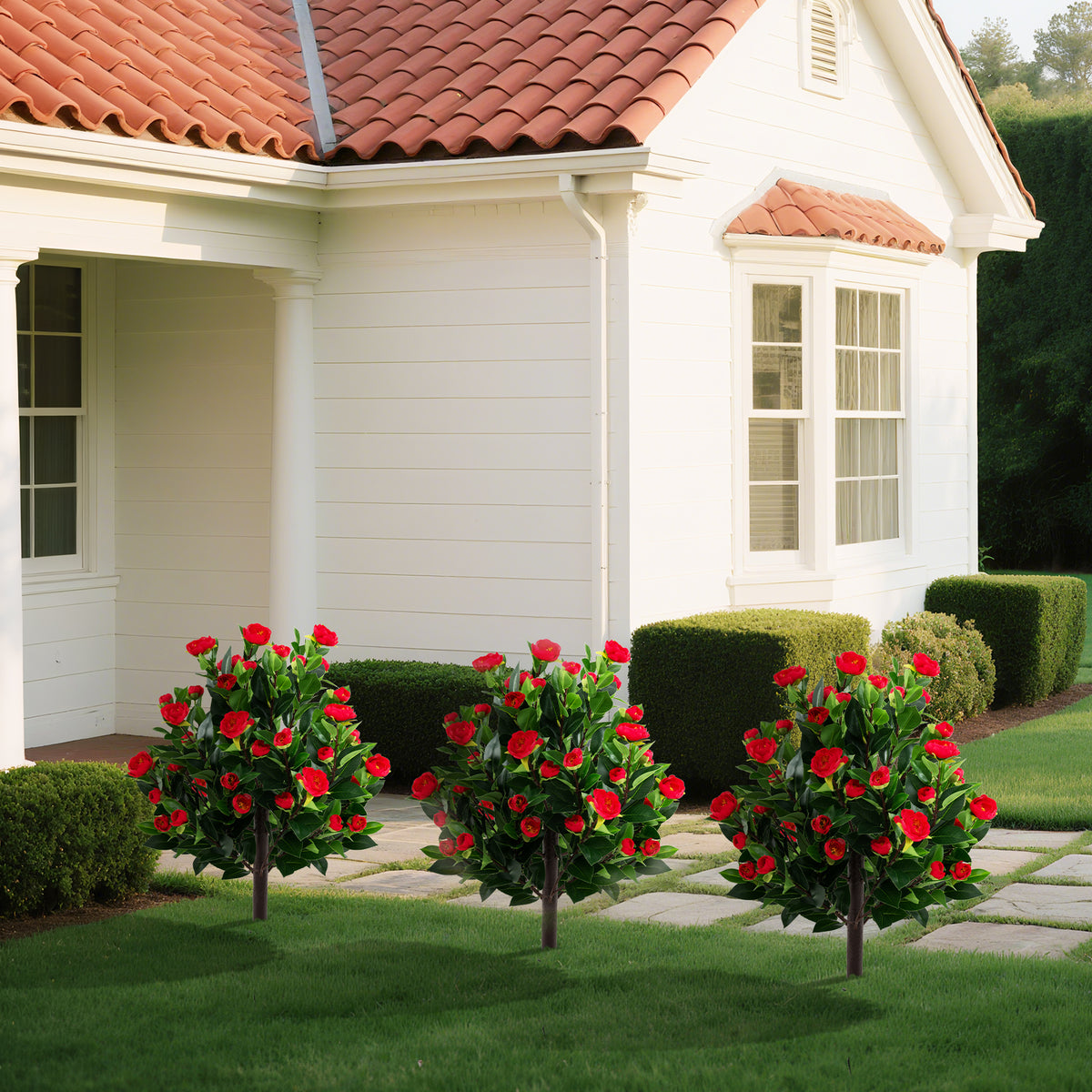 31 Inches Artificial Camellia Tree Set 2 Pack Fake Flower Trees-Green-Artificial Plants-DECOROLALA