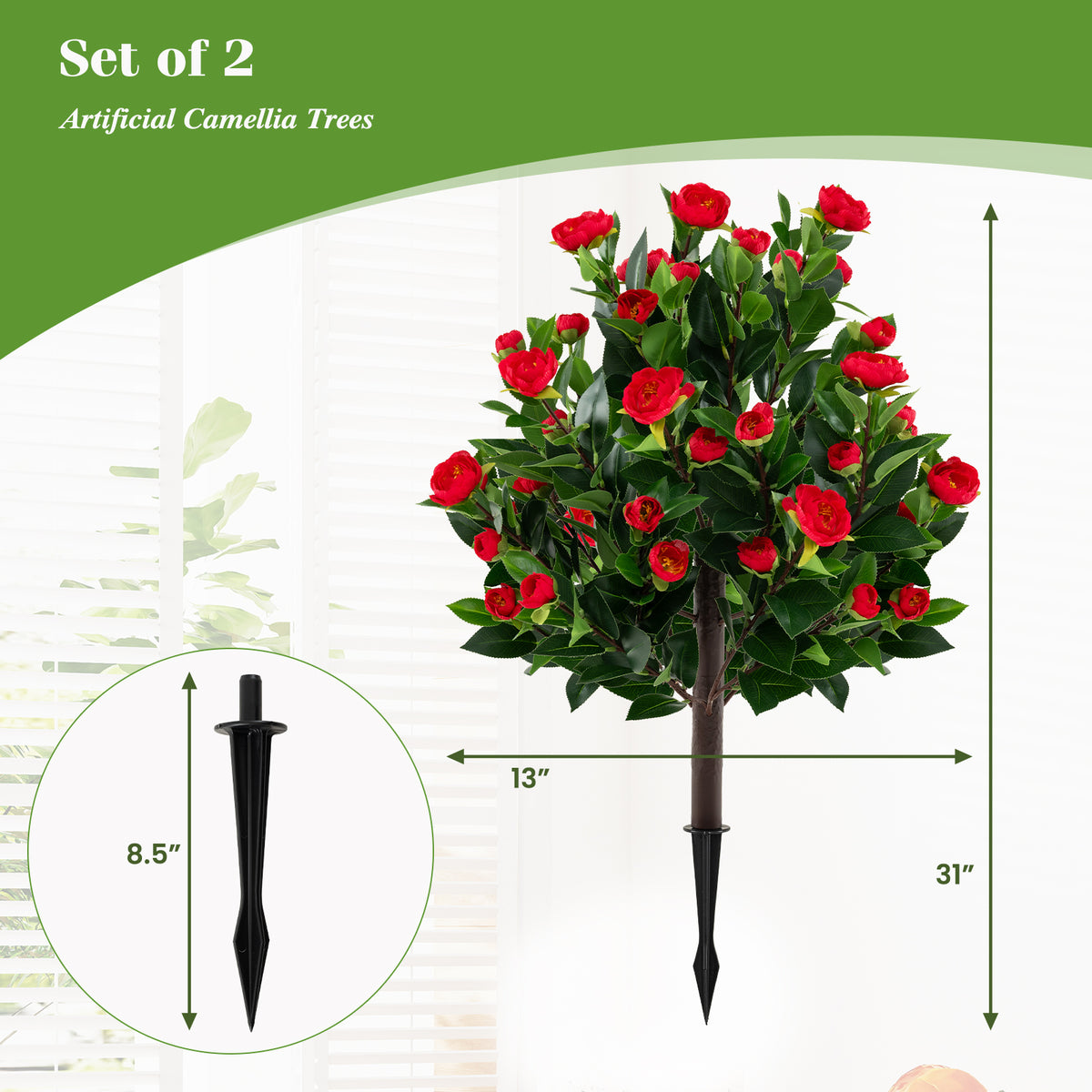 31 Inches Artificial Camellia Tree Set 2 Pack Fake Flower Trees-Green-Artificial Plants-DECOROLALA