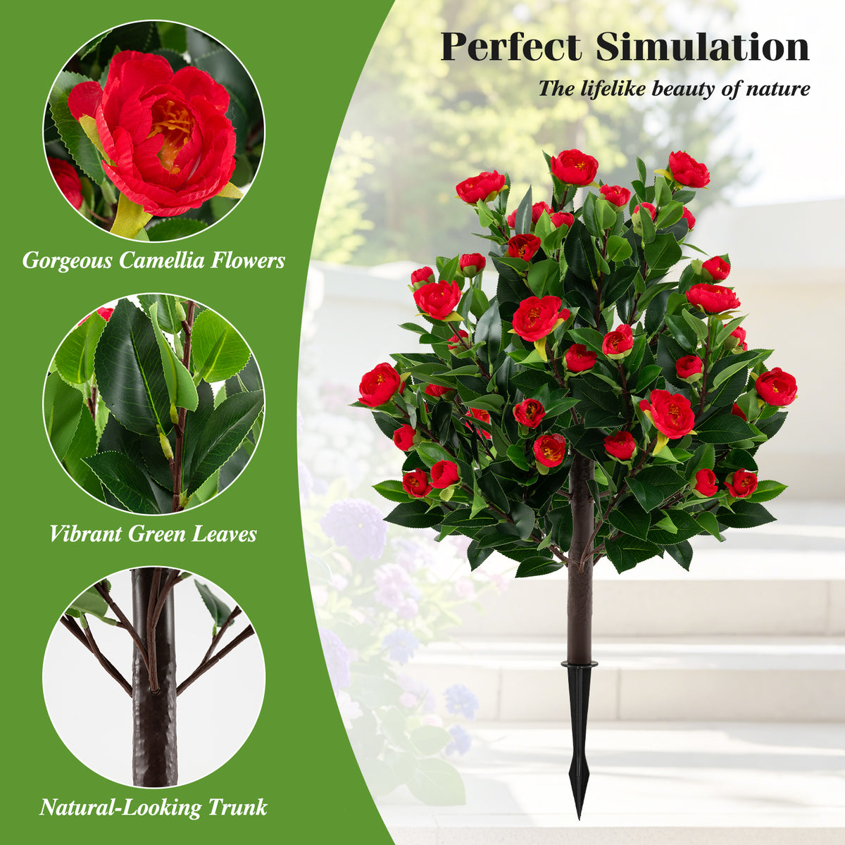 31 Inches Artificial Camellia Tree Set 2 Pack Fake Flower Trees-Green-Artificial Plants-DECOROLALA