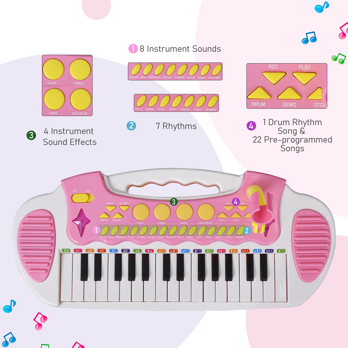 Kids Toddler Toy Piano Keyboard with Included Sitting Stool, Working Microphone, A Fun Bright Flashlight, Pink-Toys & Games > Baby & Toddler Toys > Electronic Musical Pianos-DECOROLALA