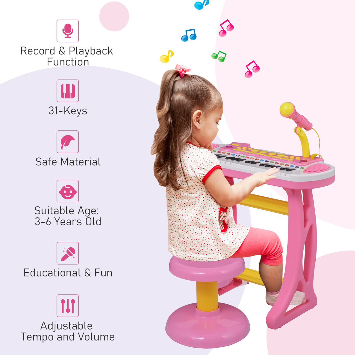 Kids Toddler Toy Piano Keyboard with Included Sitting Stool, Working Microphone, A Fun Bright Flashlight, Pink-Toys & Games > Baby & Toddler Toys > Electronic Musical Pianos-DECOROLALA