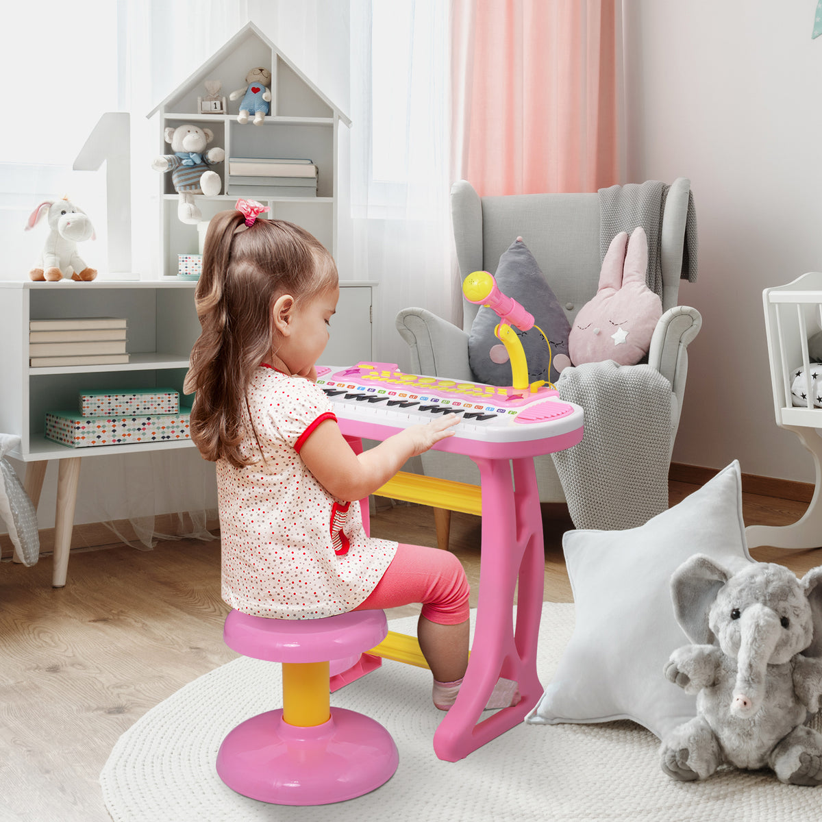 Kids Toddler Toy Piano Keyboard with Included Sitting Stool, Working Microphone, A Fun Bright Flashlight, Pink-Toys & Games > Baby & Toddler Toys > Electronic Musical Pianos-DECOROLALA