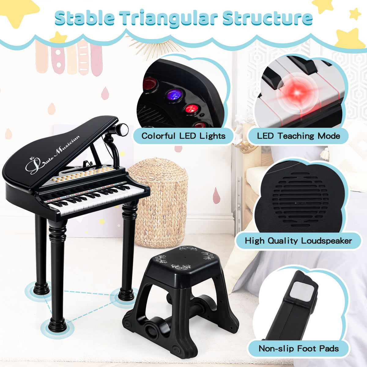 Clavier piano pour enfants à 31 touches avec tabouret, microphone et éclairage LED
