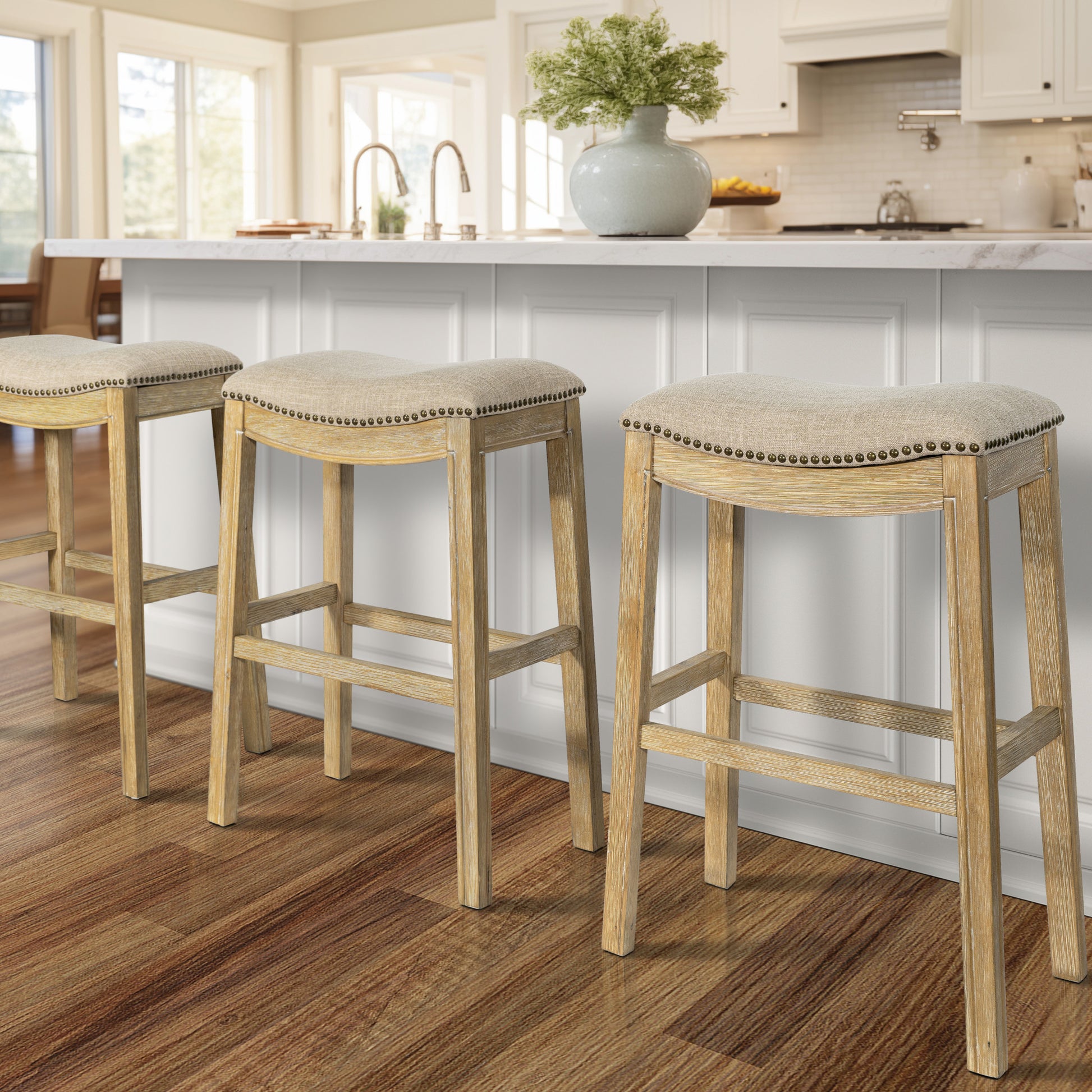 31" Linen and Natural Solid Wood Backless Bar Height Bar Chair-Bar Chairs-DECOROLALA