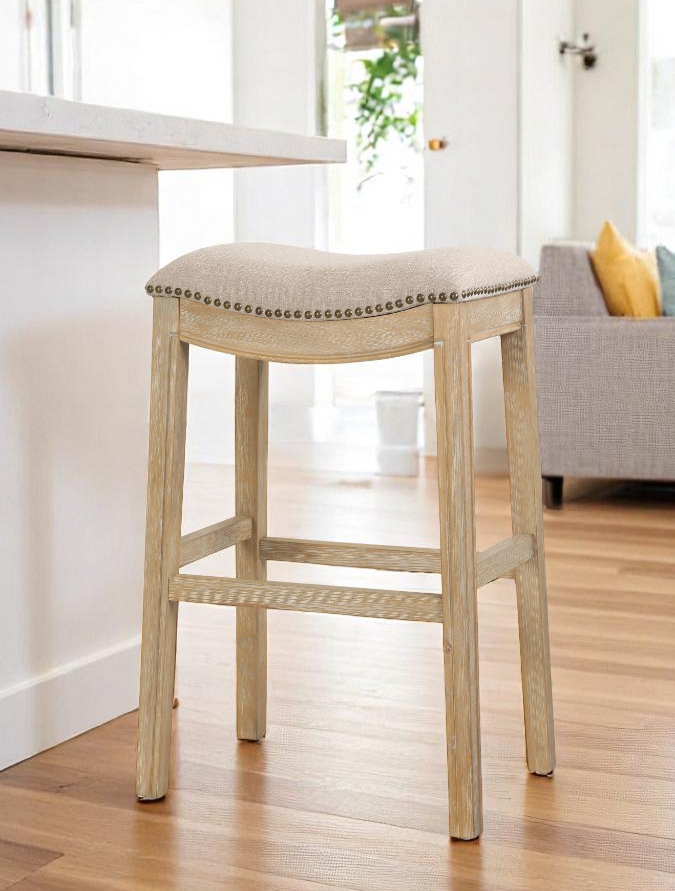 31" Linen and Natural Solid Wood Backless Bar Height Bar Chair-Bar Chairs-DECOROLALA