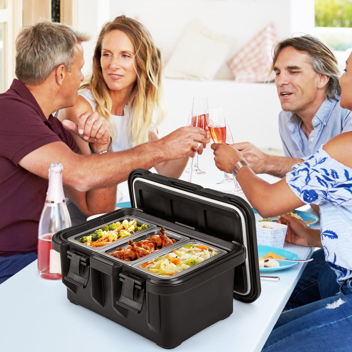 31 QT Insulated Food Pan Container with 3 Transparent One-Third Pans with Lids-Black-Food Warmers & Burners-DECOROLALA