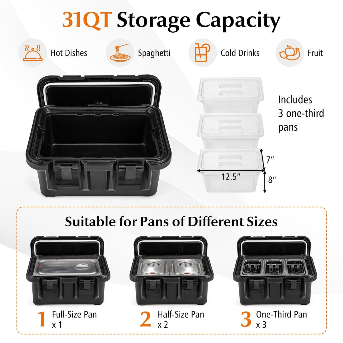 31 QT Insulated Food Pan Container with 3 Transparent One-Third Pans with Lids-Black-Food Warmers & Burners-DECOROLALA
