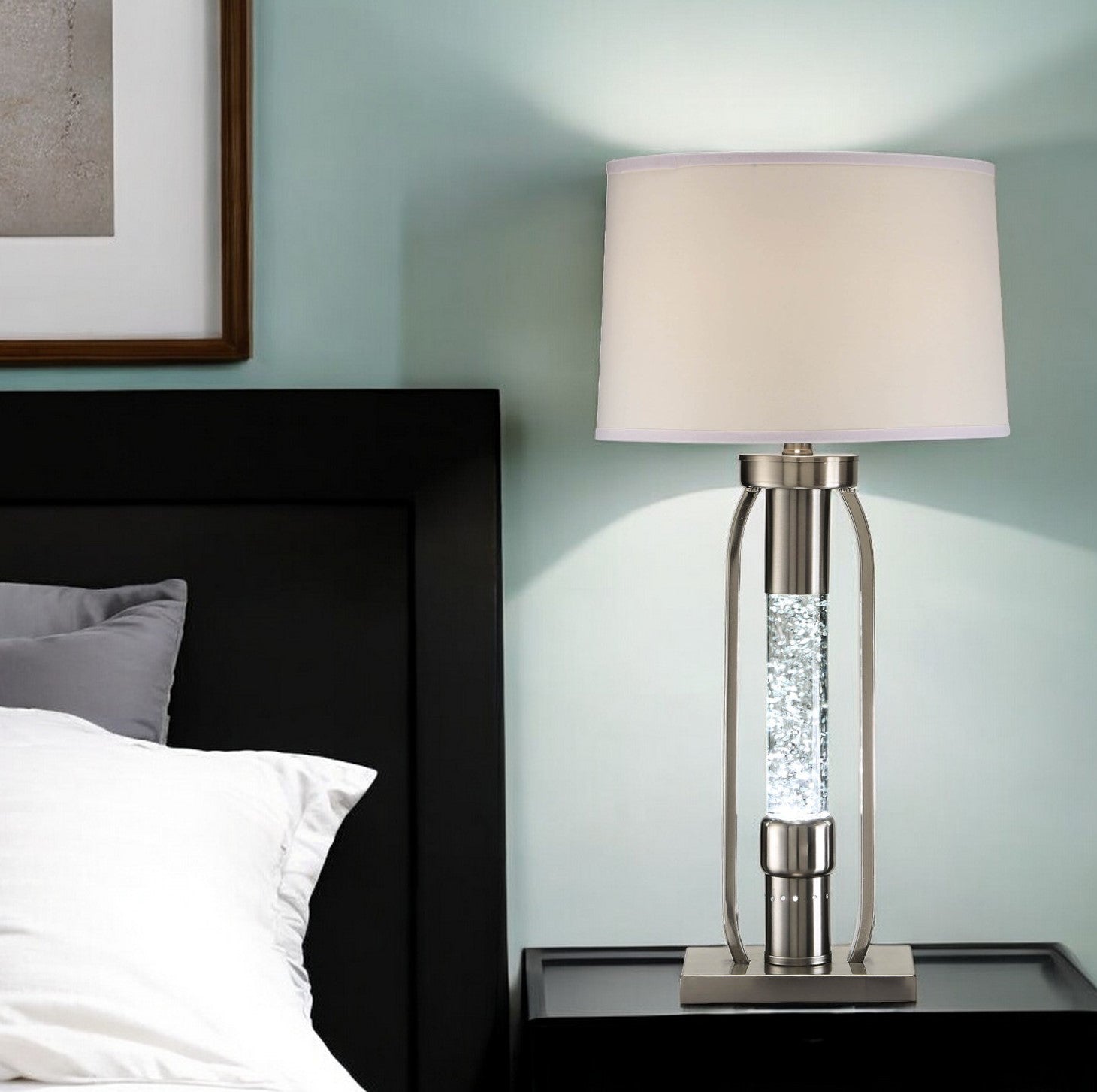 31" Silver Metal Table Lamp With Beige Empire Shade-Table Lamps-DECOROLALA