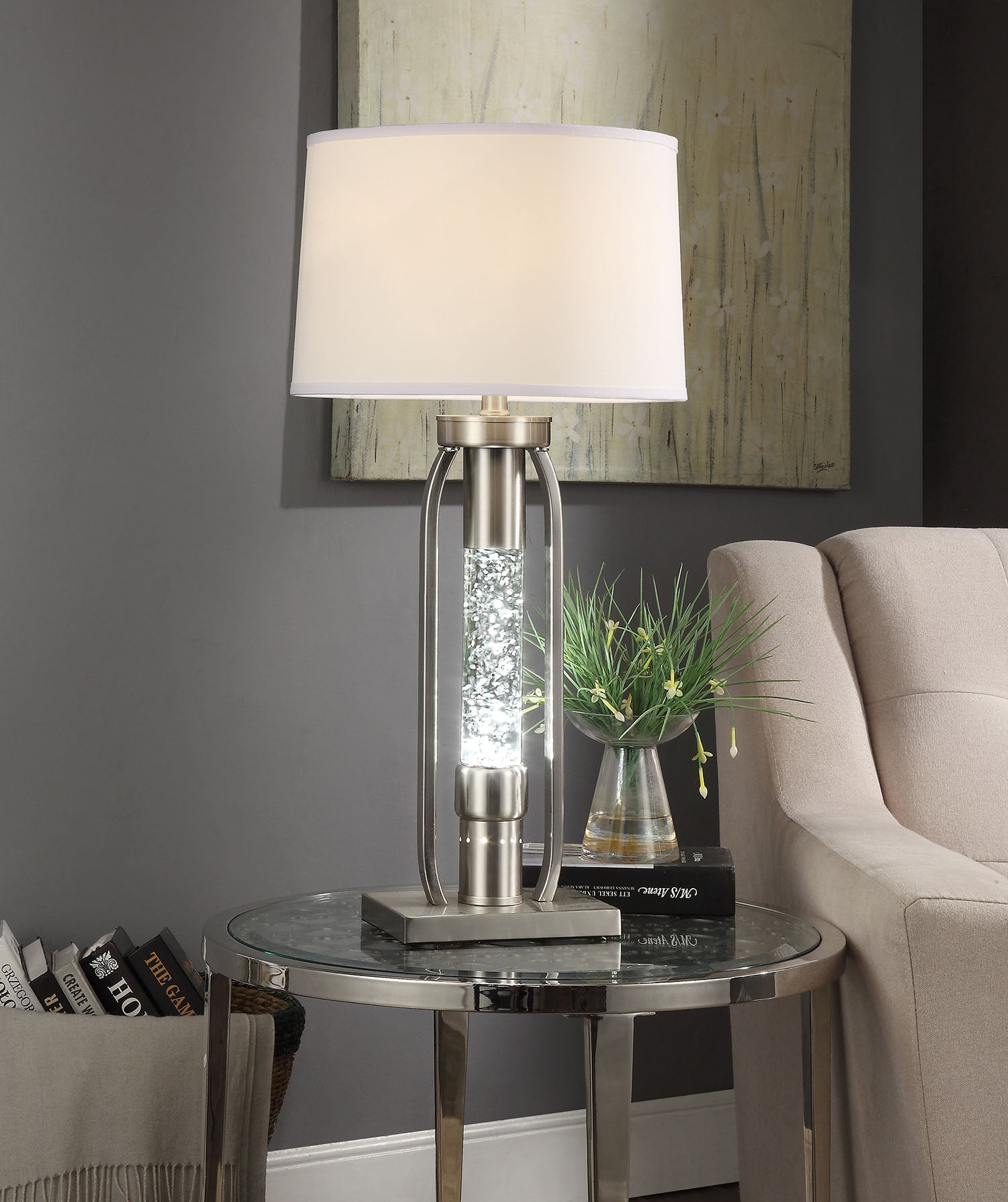 31" Silver Metal Table Lamp With Beige Empire Shade-Table Lamps-DECOROLALA