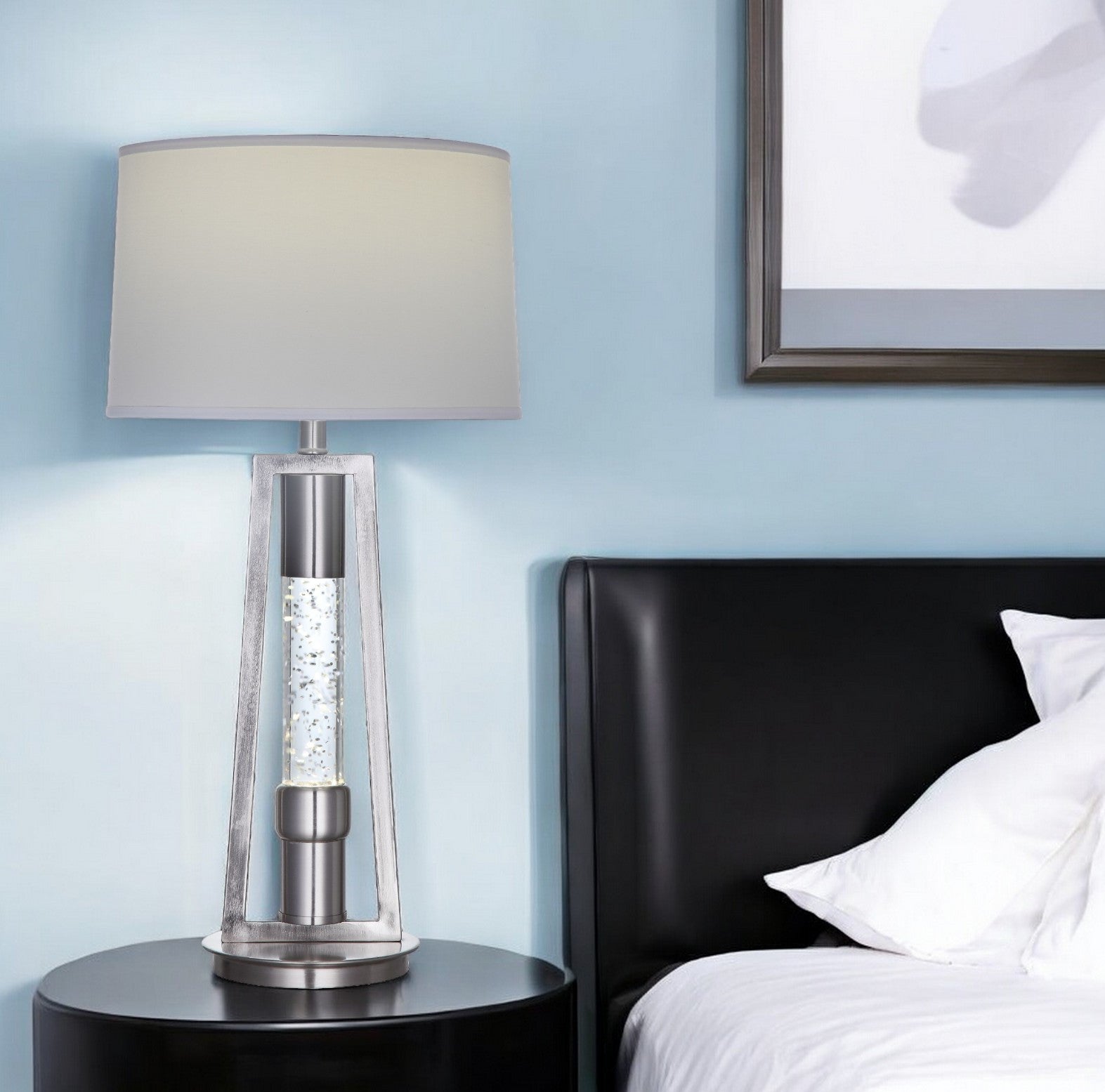 31" Silver Metal Table Lamp With Gray Empire Shade-Table Lamps-DECOROLALA