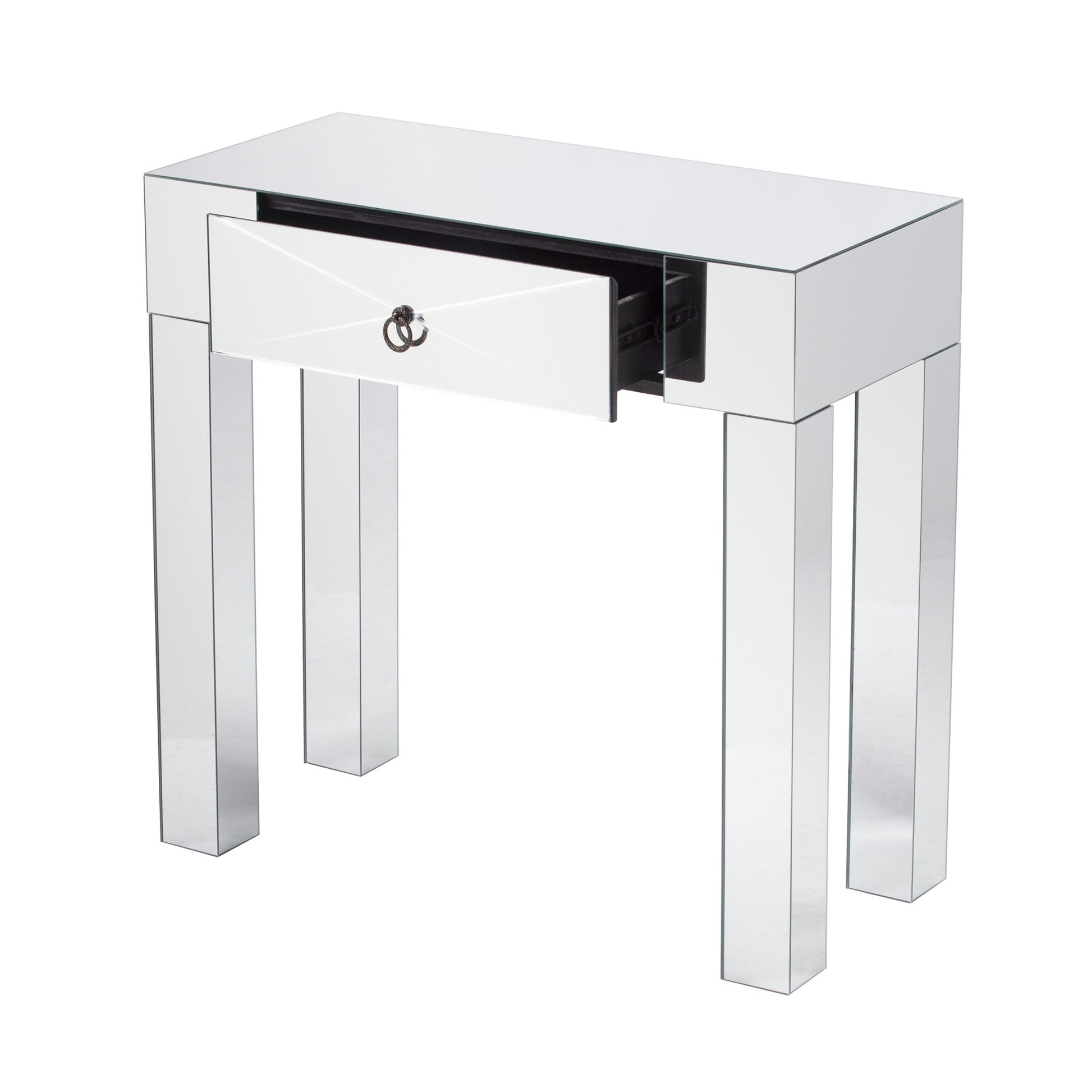 31" Silver Mirrored Glass Console Table With Storage-Console Tables-DECOROLALA