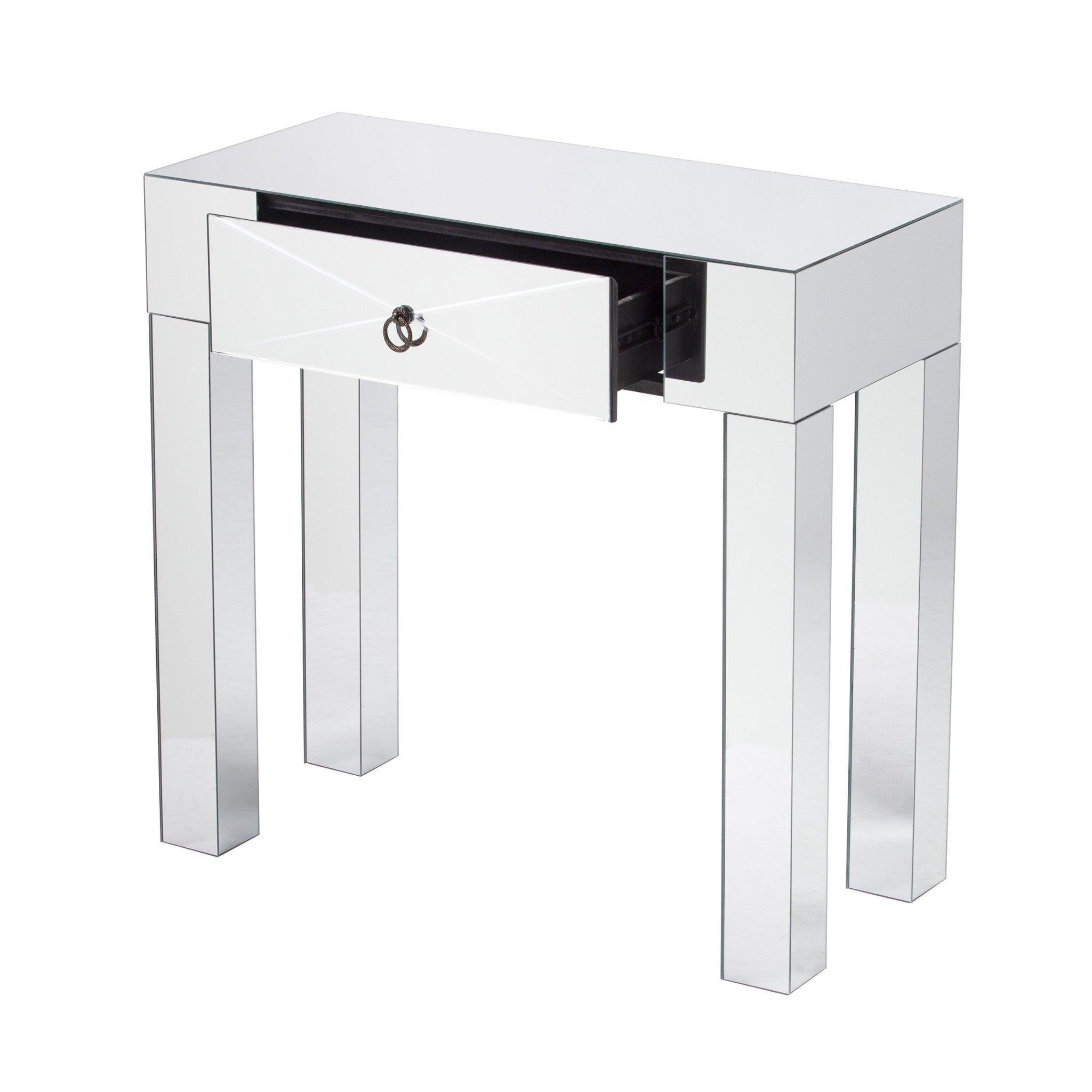 31" Silver Mirrored Glass Console Table With Storage-Console Tables-DECOROLALA