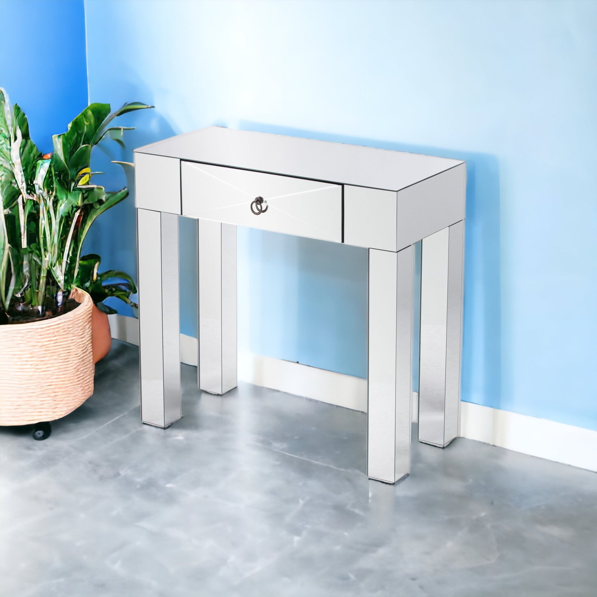 31" Silver Mirrored Glass Console Table With Storage-Console Tables-DECOROLALA