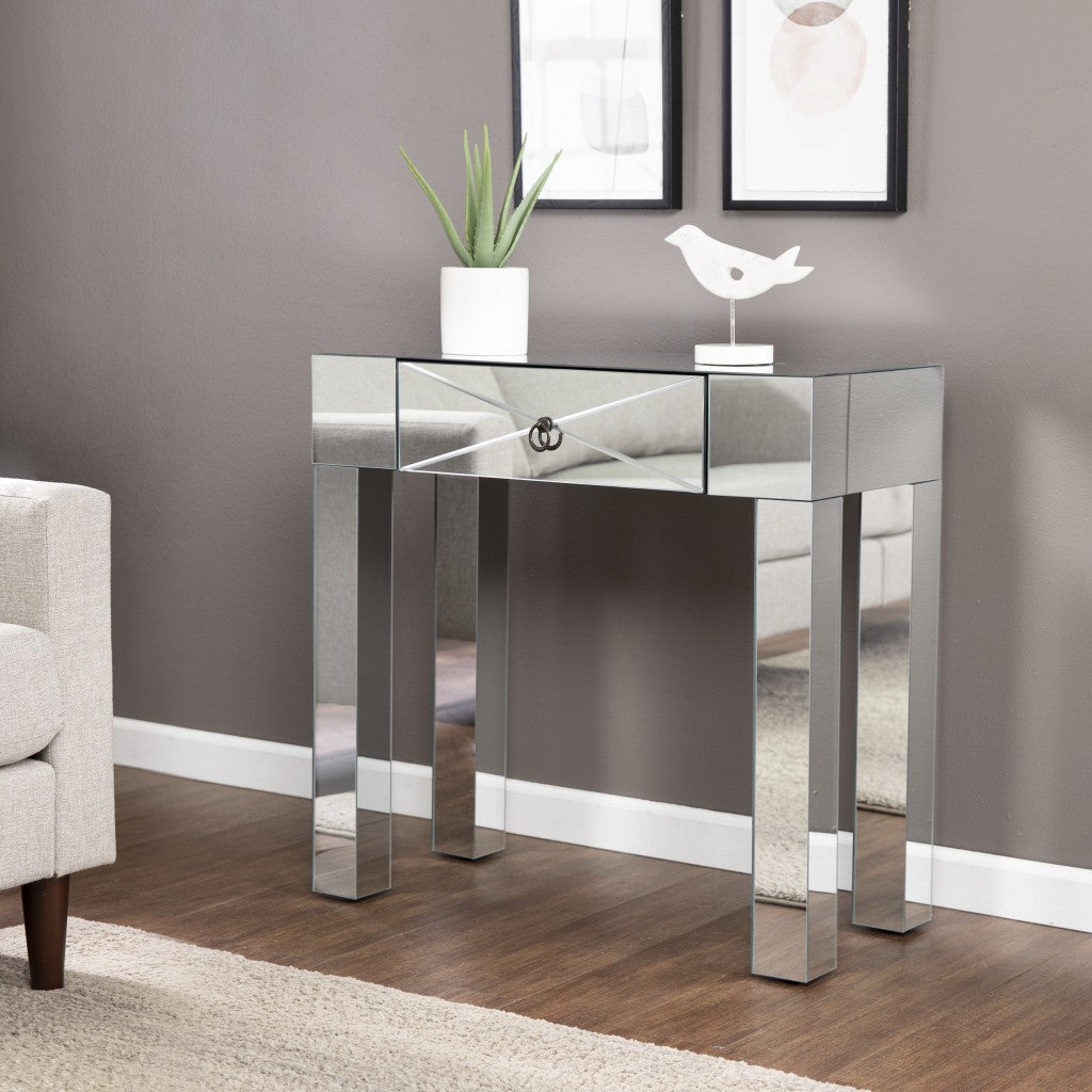 31" Silver Mirrored Glass Console Table With Storage-Console Tables-DECOROLALA