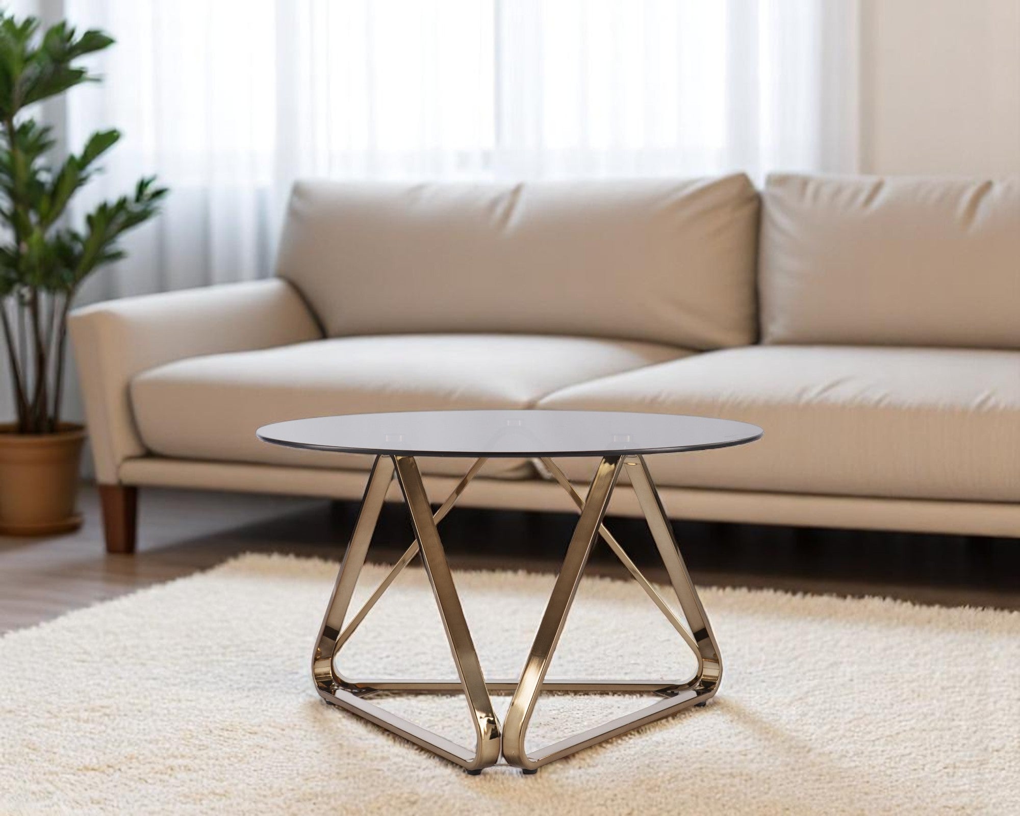 31" Smoky Black and Gold Glass and Metal Round Coffee Table-Coffee Tables-DECOROLALA