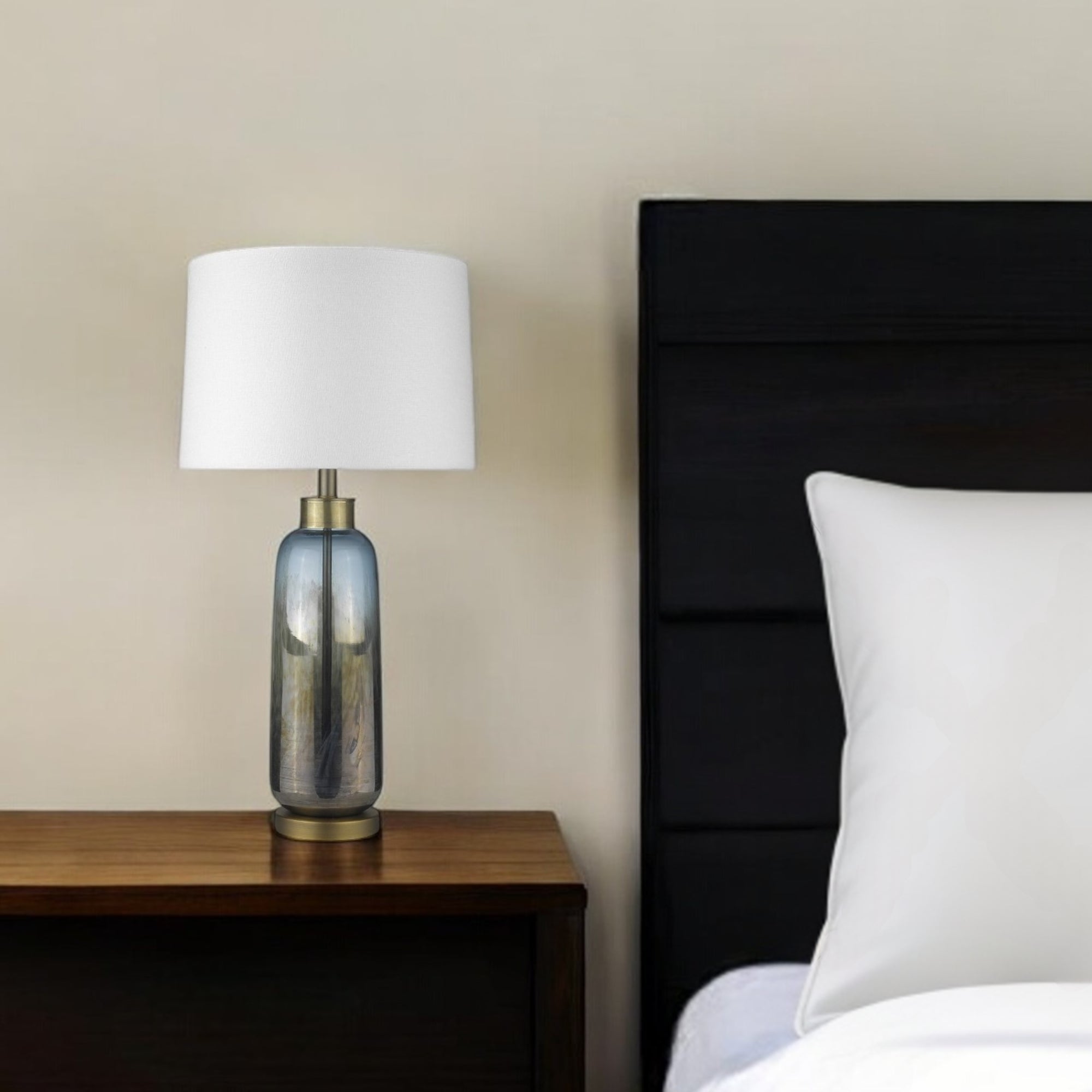 31" Steel Blue Glass Table Lamp With White Empire Shade-Table Lamps-DECOROLALA