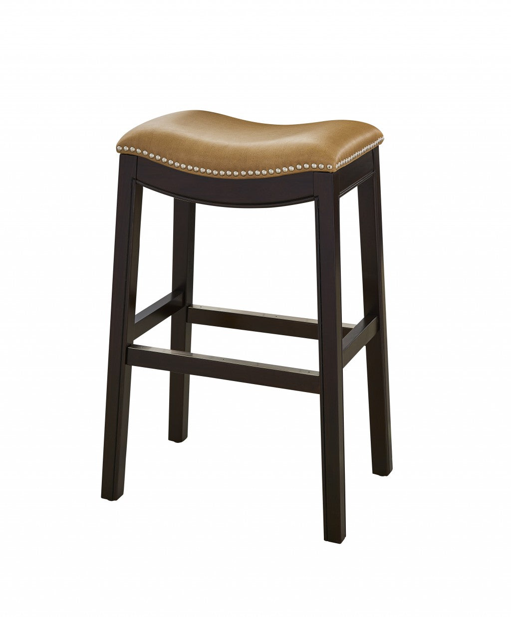 31" Tan and Espresso Faux Leather and Solid Wood Backless Counter Height Bar Chair-Bar Chairs-DECOROLALA