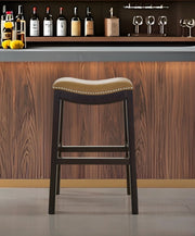 31" Tan and Espresso Faux Leather and Solid Wood Backless Counter Height Bar Chair-Bar Chairs-DECOROLALA