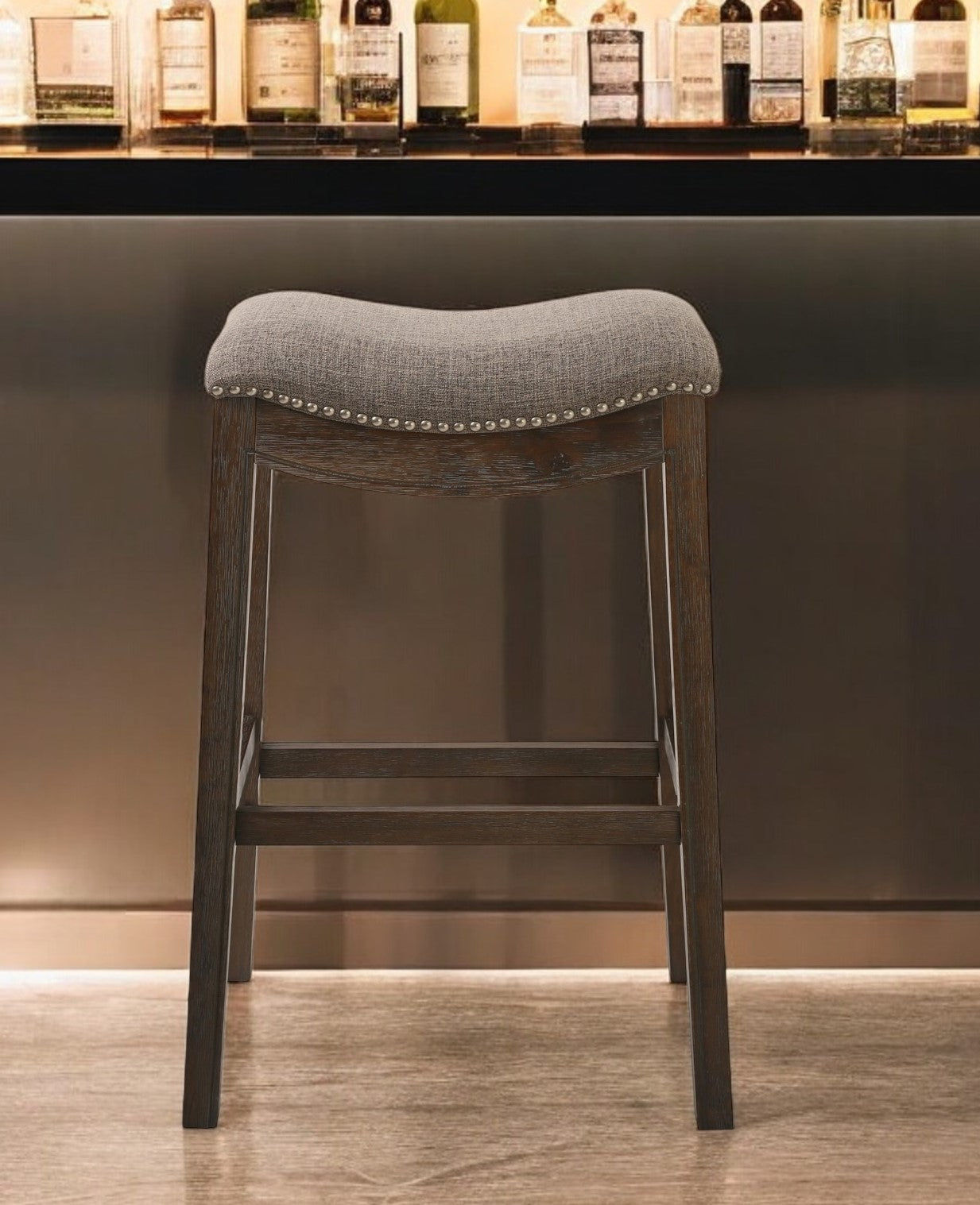 31" Taupe and Brown Solid Wood Backless Bar Height Bar Chair-Bar Chairs-DECOROLALA