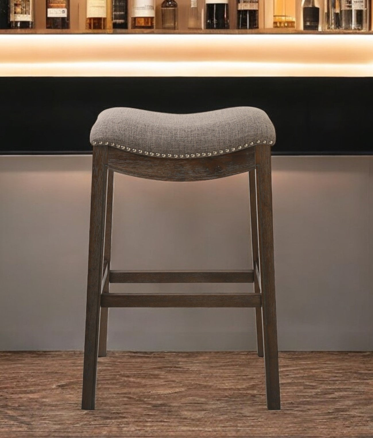 31" Taupe and Brown Solid Wood Backless Bar Height Bar Chair-Bar Chairs-DECOROLALA