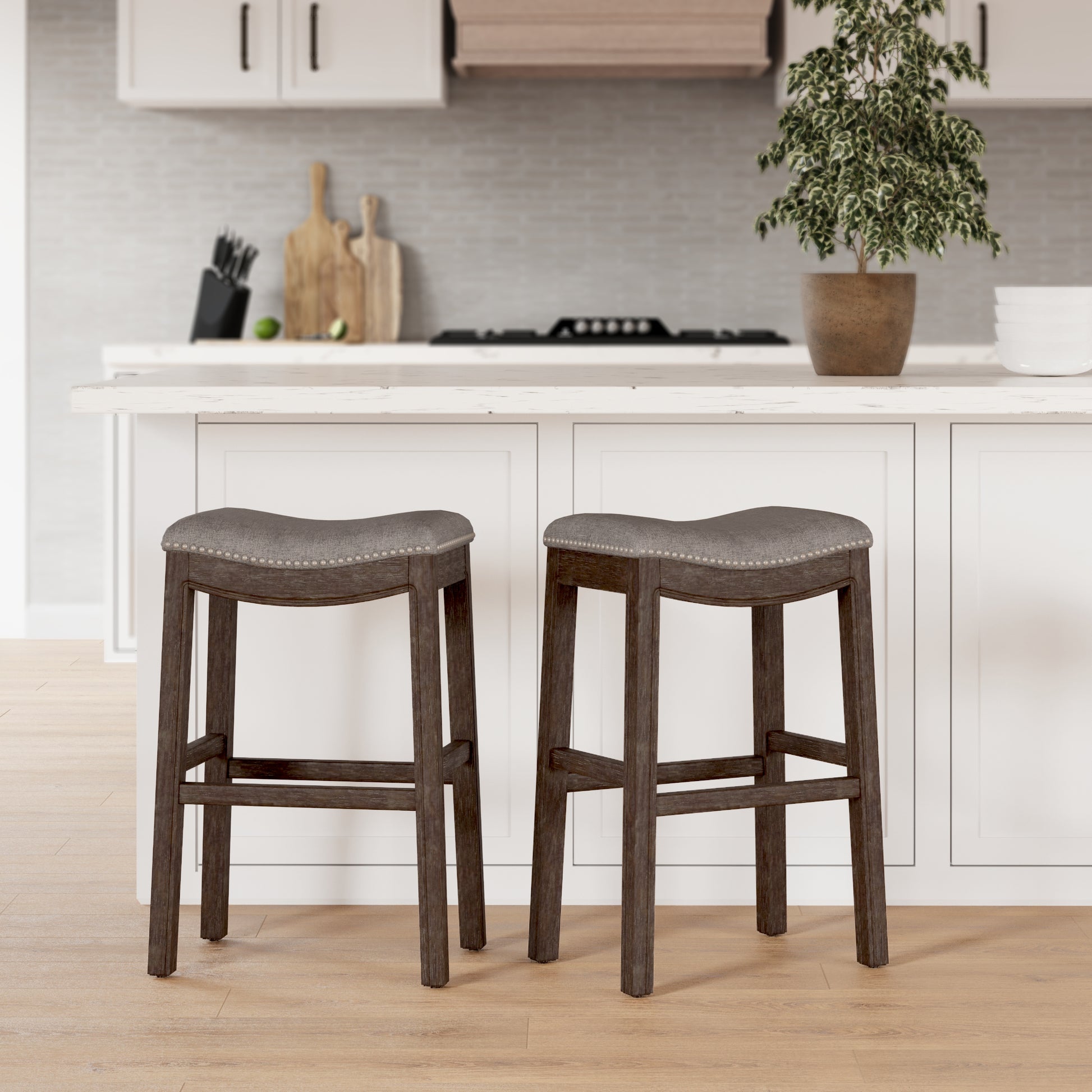 31" Taupe and Brown Solid Wood Backless Bar Height Bar Chair-Bar Chairs-DECOROLALA