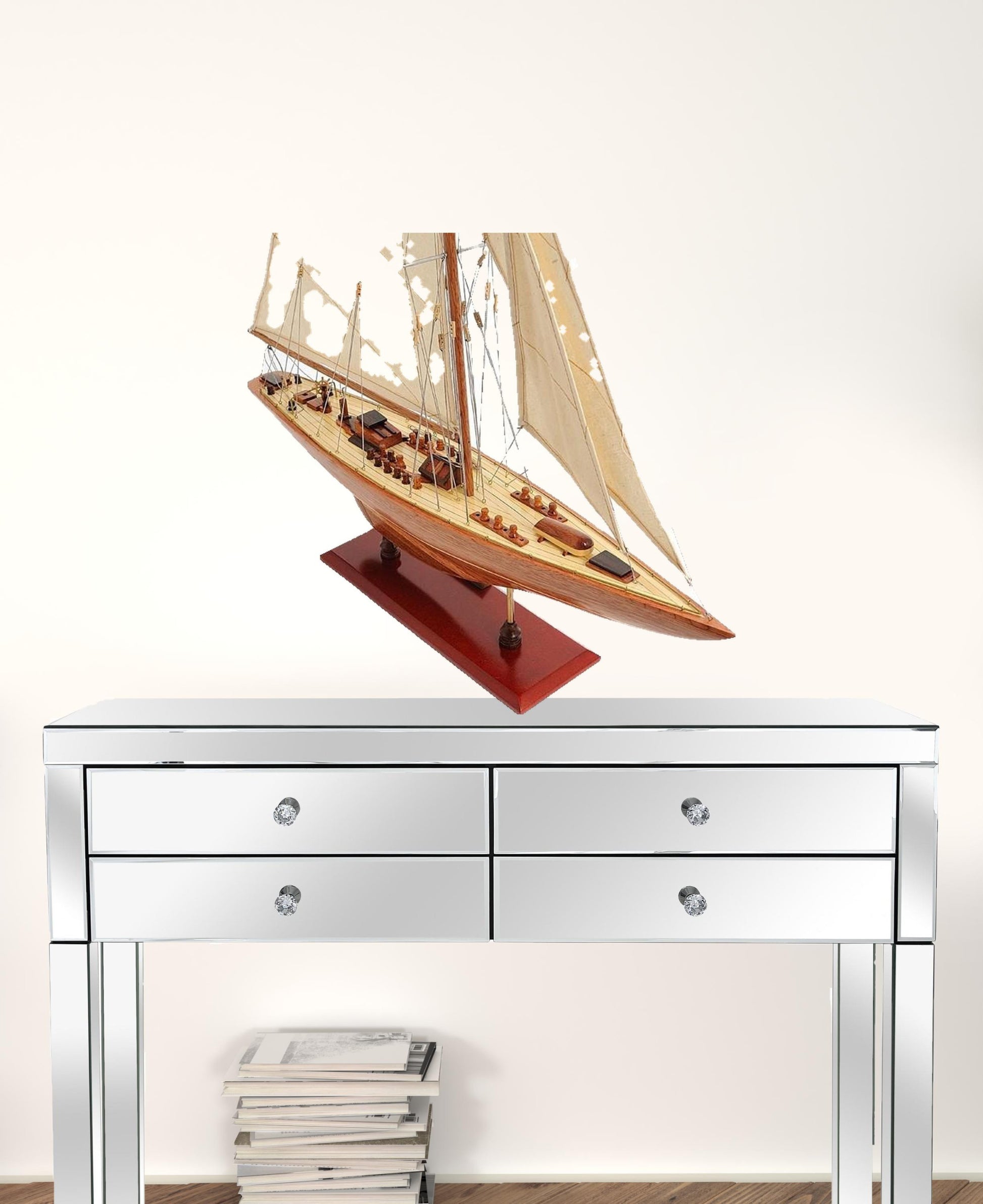 31" Wood Brown Endeavour Yacht Hand Painted Sculpture-Sculptures-DECOROLALA