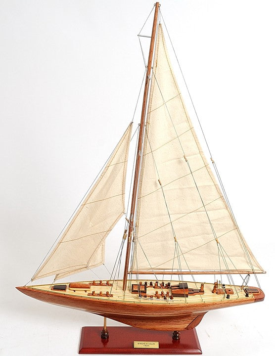 31" Wood Brown Endeavour Yacht Hand Painted Sculpture-Sculptures-DECOROLALA