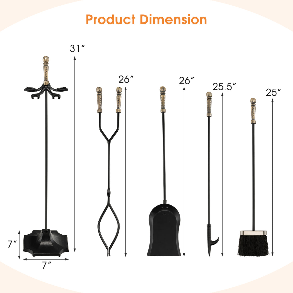 31 inch 5 Pieces Metal Fireplace Tool Set with Stand-Bronze-Fireplace Tools-DECOROLALA